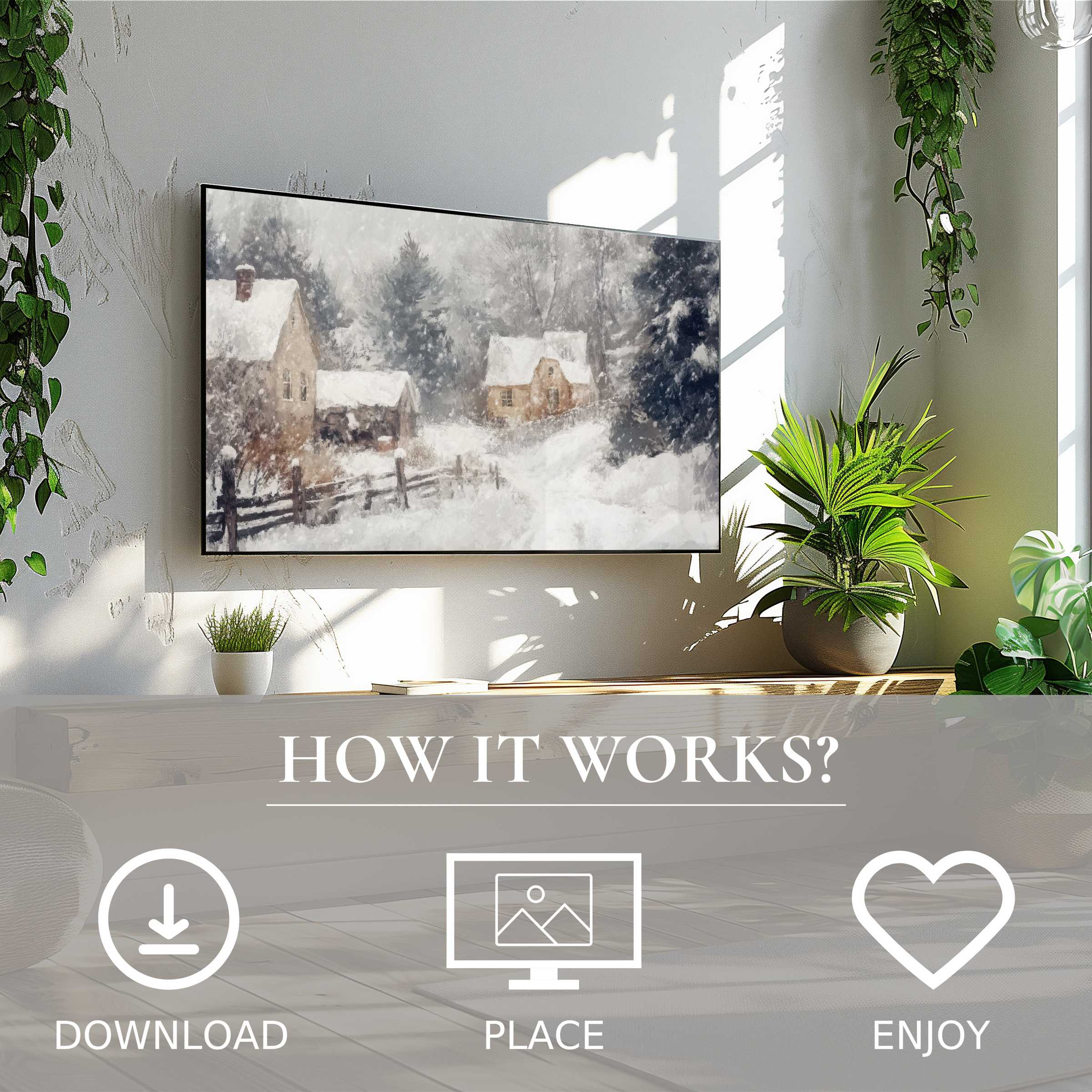 Winter art for Samsung TV shows a snowy village scene on The Frame, easy digital download enriching modern living spaces