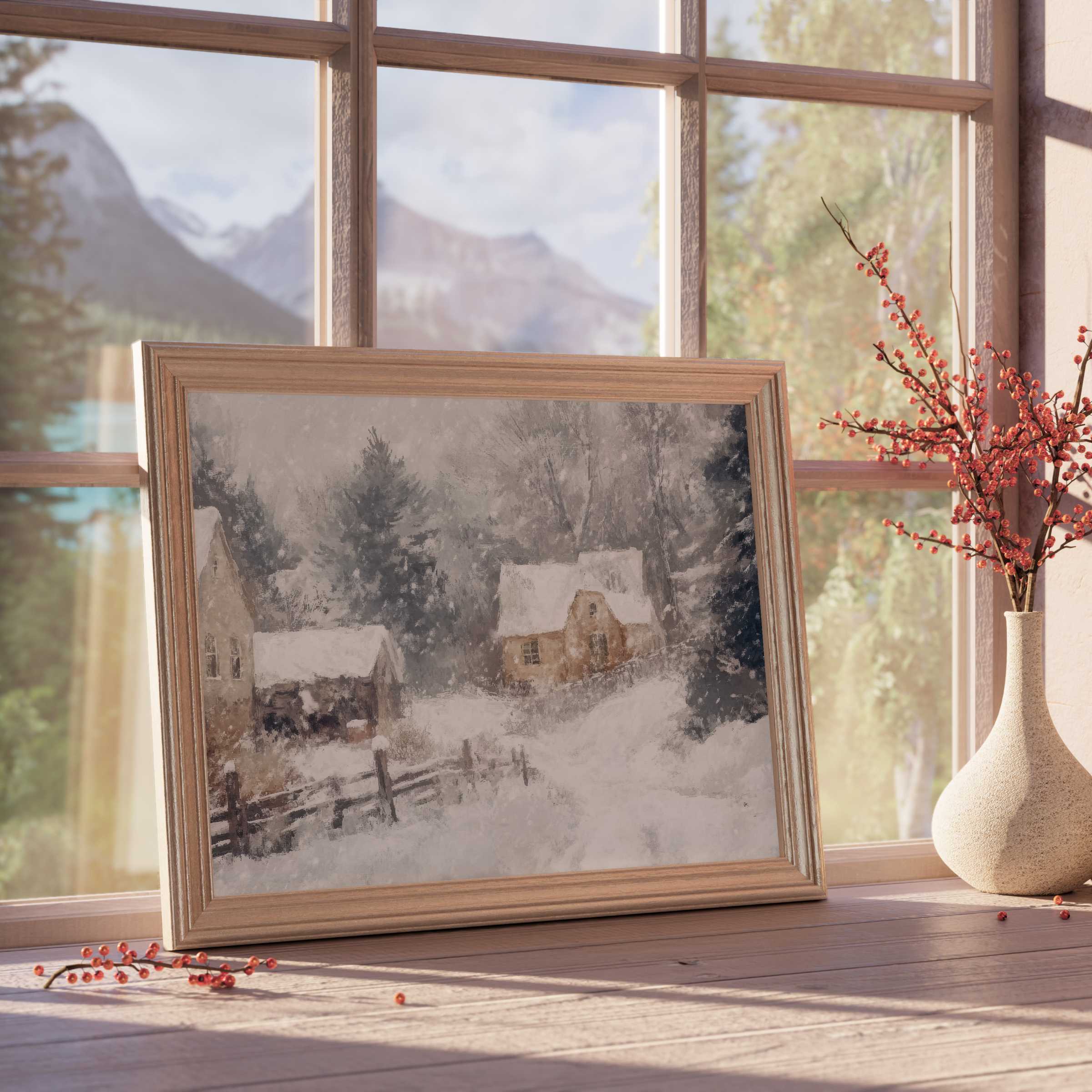Winter downloadable art capturing serene snowy cottages in a tranquil forest setting, perfect for curated, elegant interiors