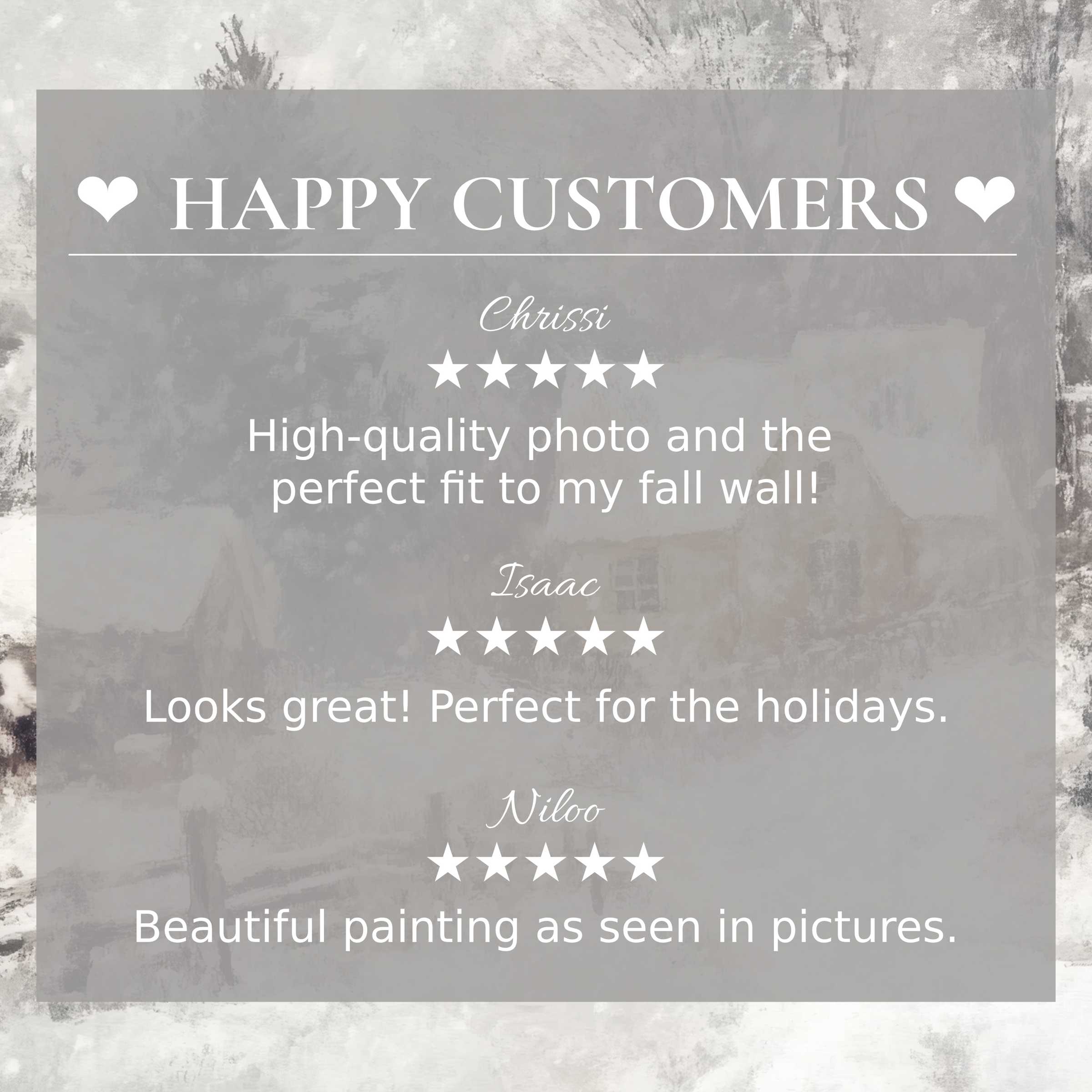 Winter art for Frame TV with muted village scene and elegant layout showcasing happy customer reviews and refined style