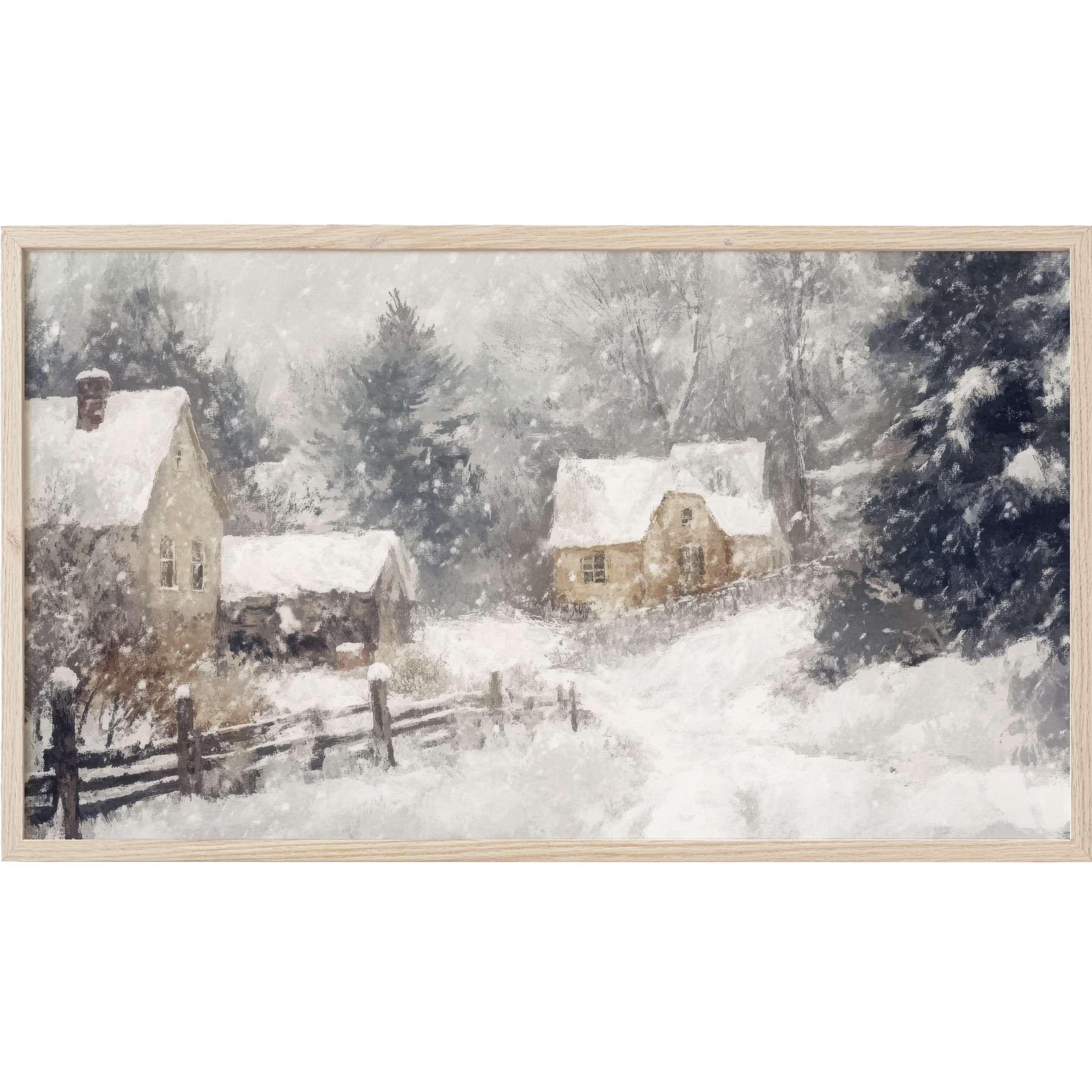 Winter Frame TV Art depicting serene snow-covered cottages and trees in soft muted tones and a delicate painterly style