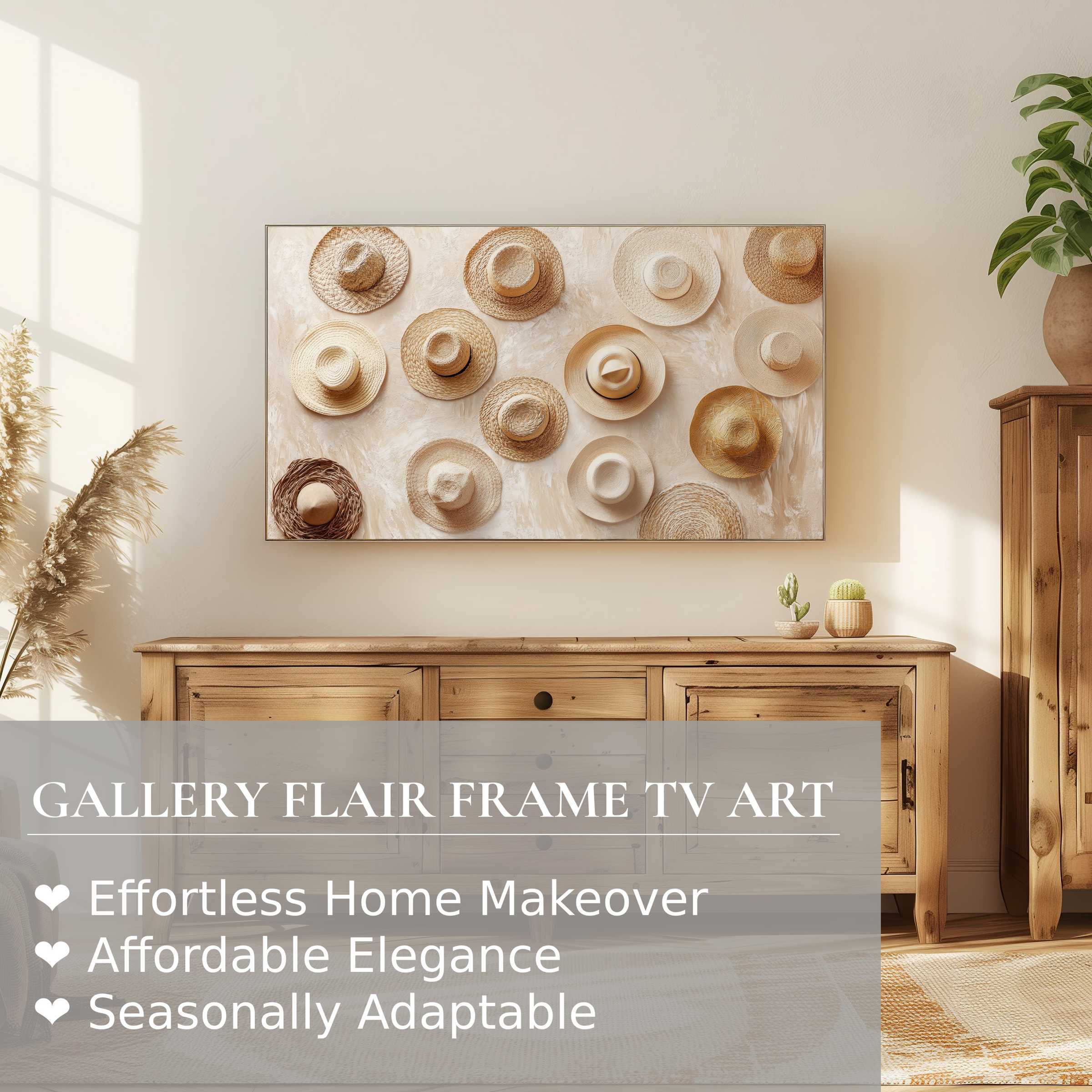 Samsung Frame TV displaying boho digital artwork of woven hats in warm, natural hues in a serene modern setting