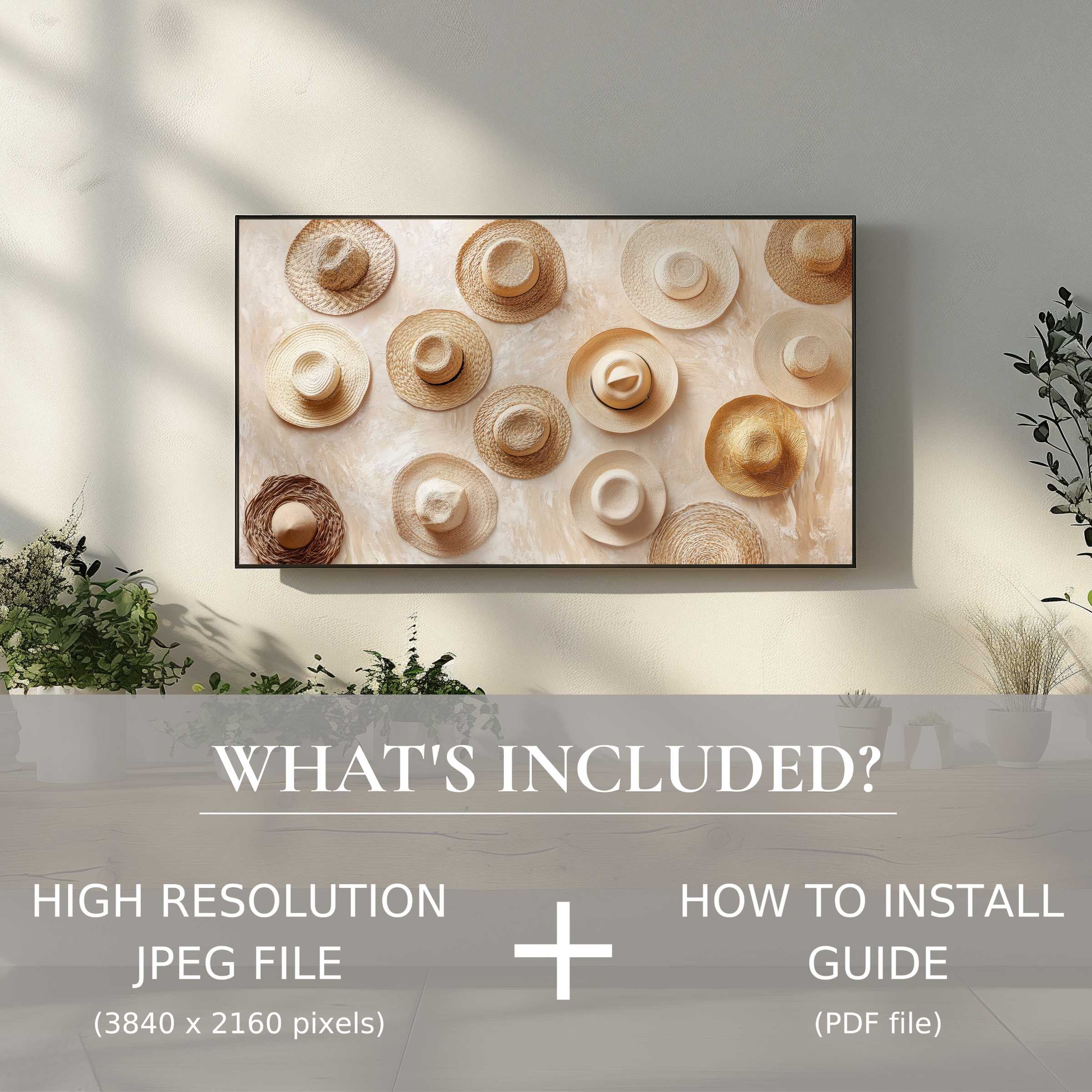 Elegant boho digital TV art download showcasing woven hats, enhancing interiors with easy digital styling