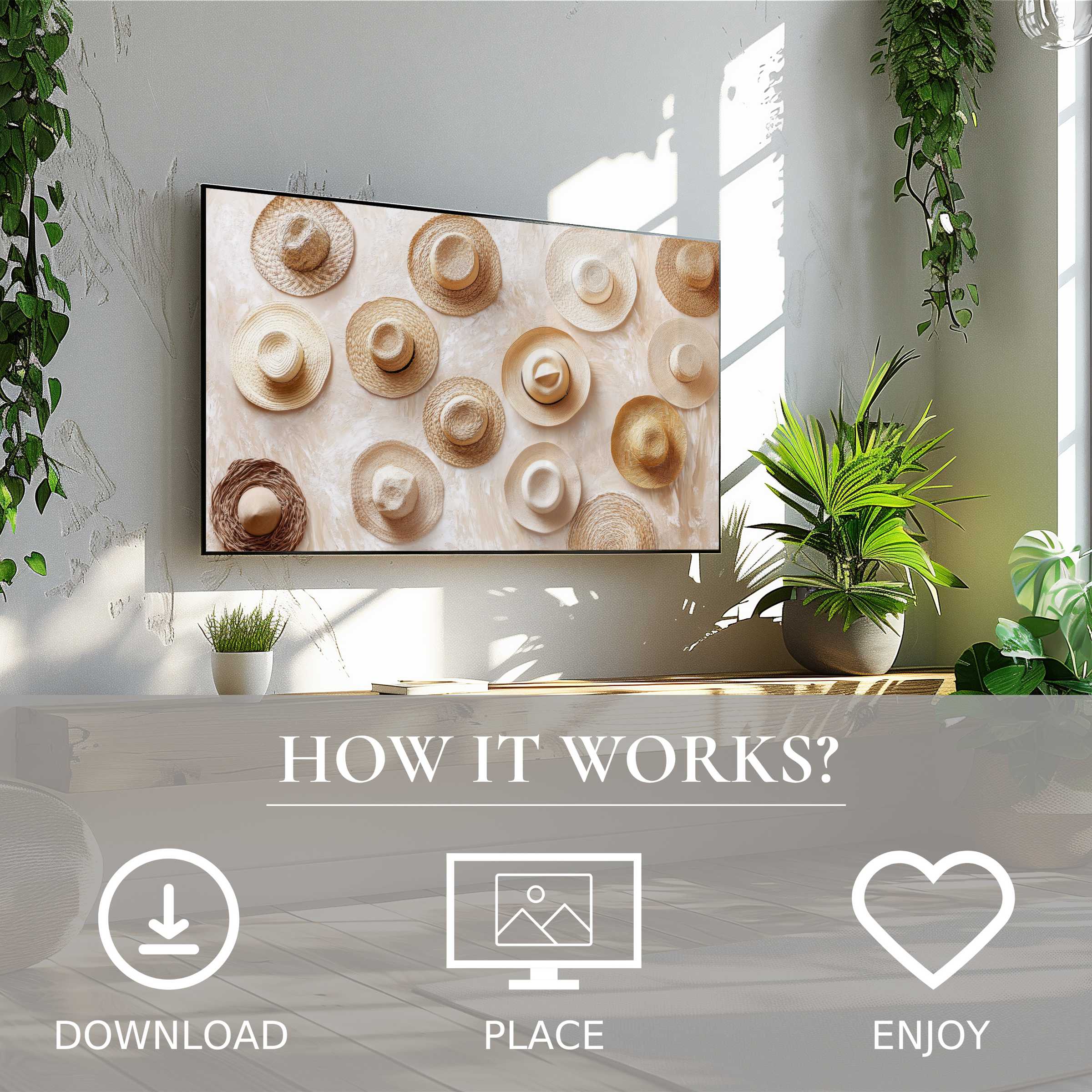Boho art for Samsung TV with warm hat motif; easy digital download enriches stylish, plant-filled living space