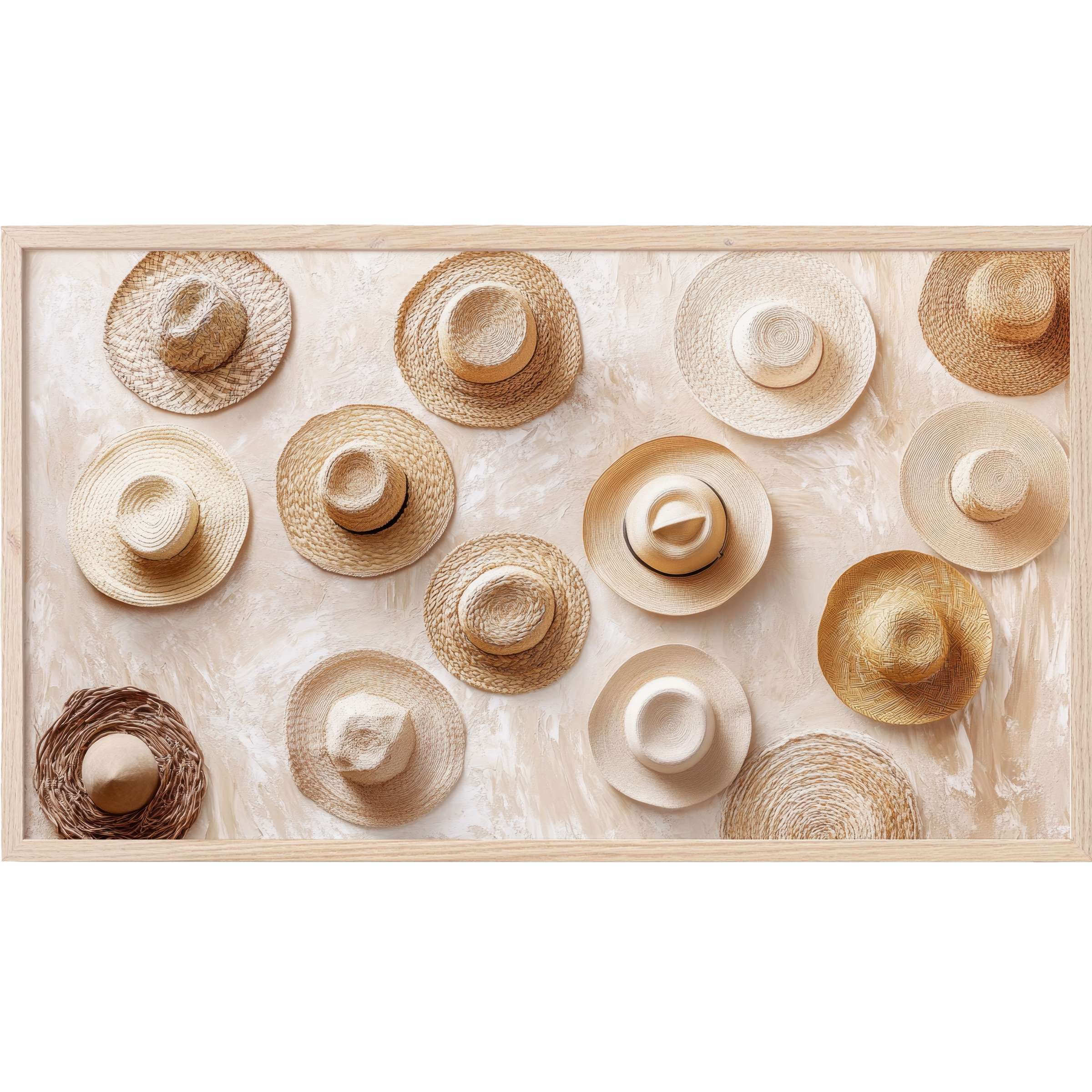 Boho Frame TV Art featuring textured straw hats in warm beige tones on a soft, neutral backdrop, evoking natural elegance