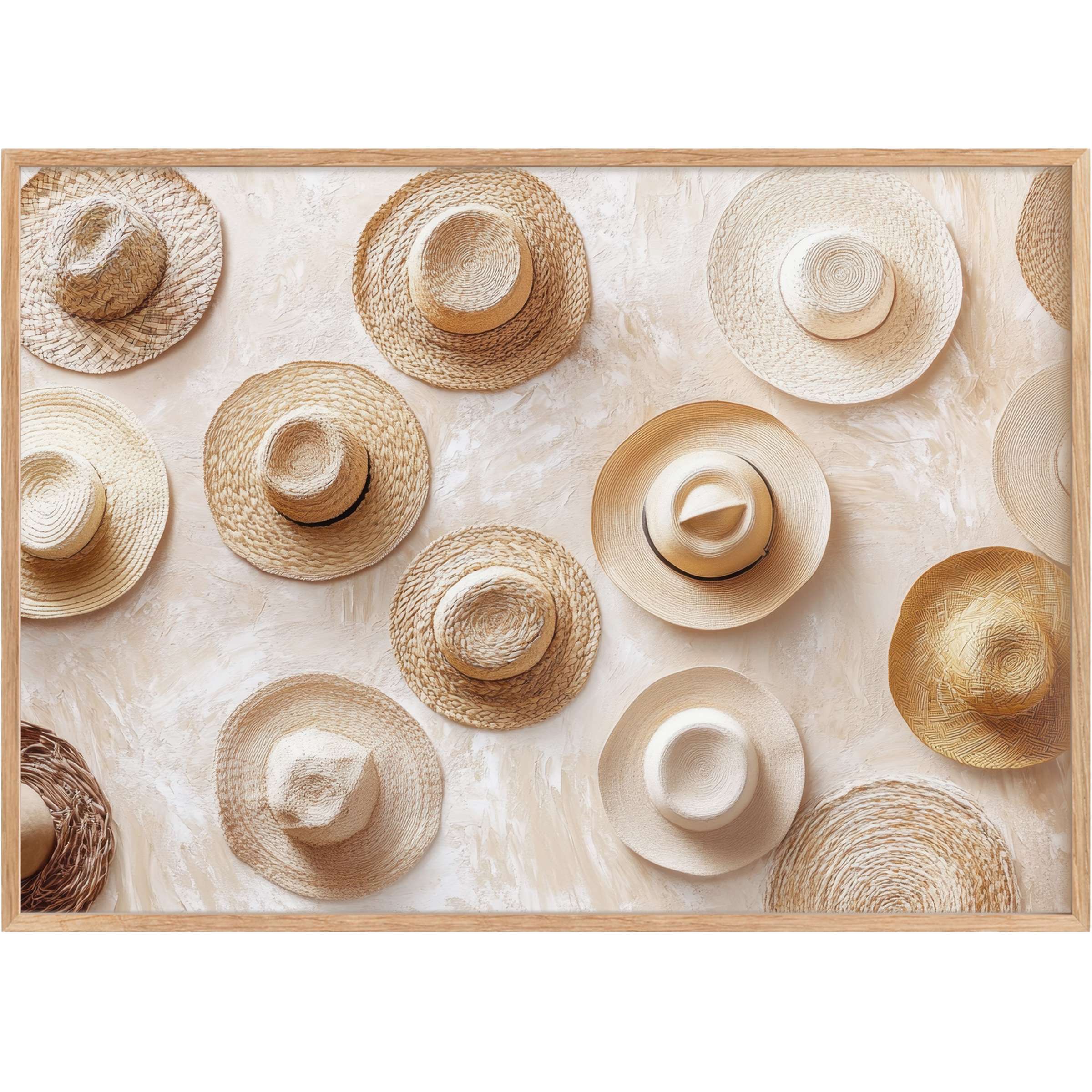 Neutral-toned boho printable wall art featuring textured straw hats, evoking warm, earthy calm and rustic elegance