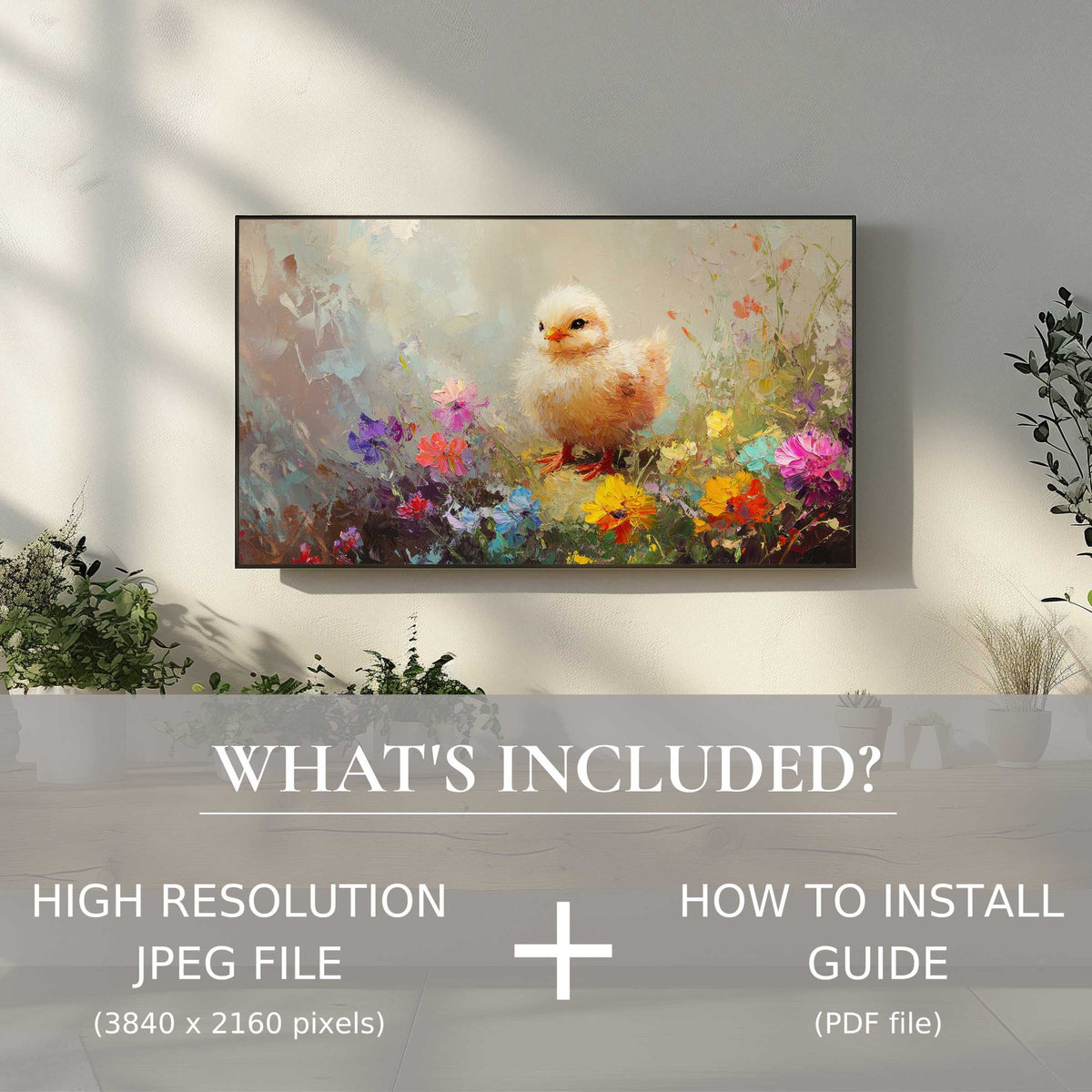 Elegant easter digital TV art download featuring a charming chick enhancing living spaces with easy digital use