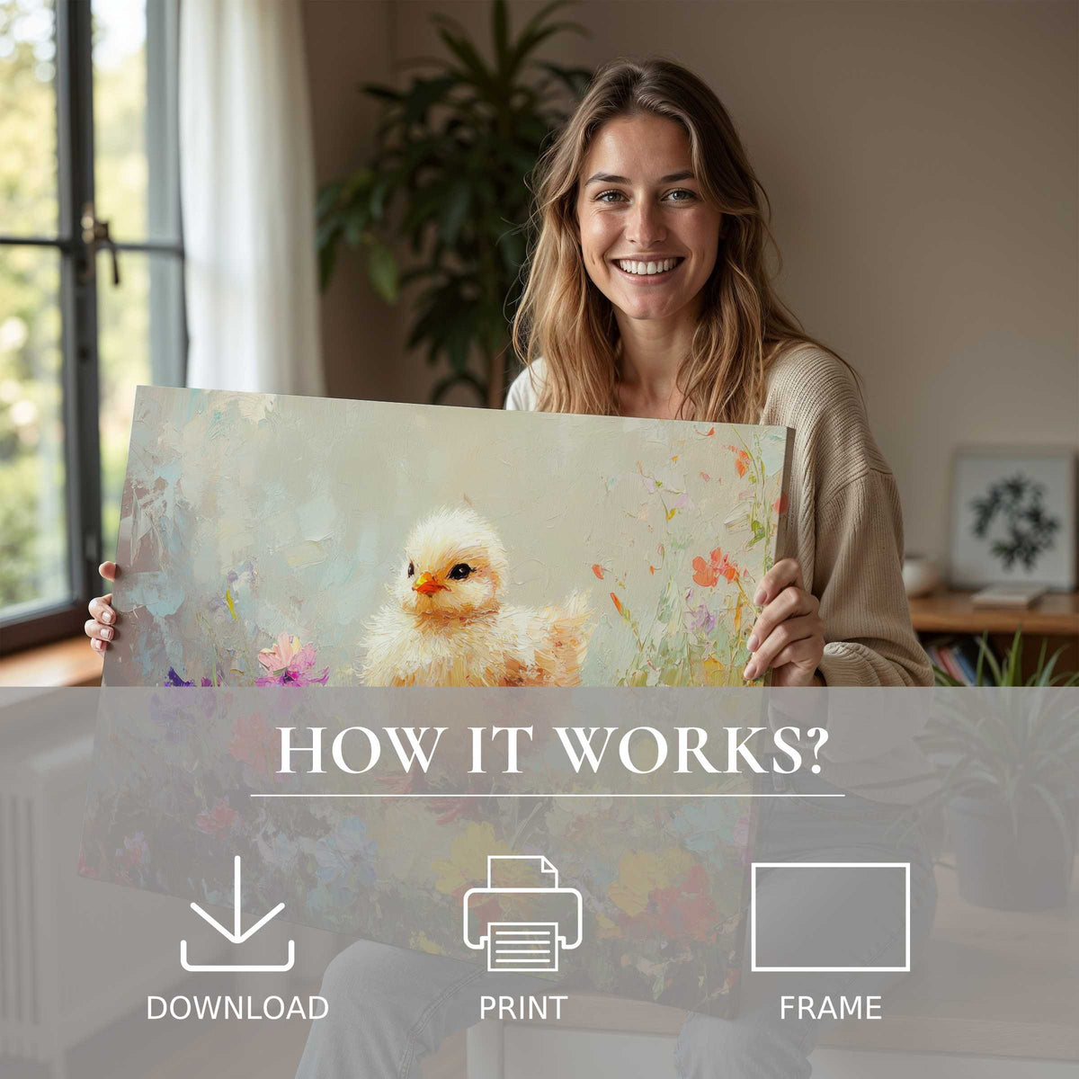Joy radiates in a serene modern home where a radiant easter digital art print inspires warmth and effortless elegance