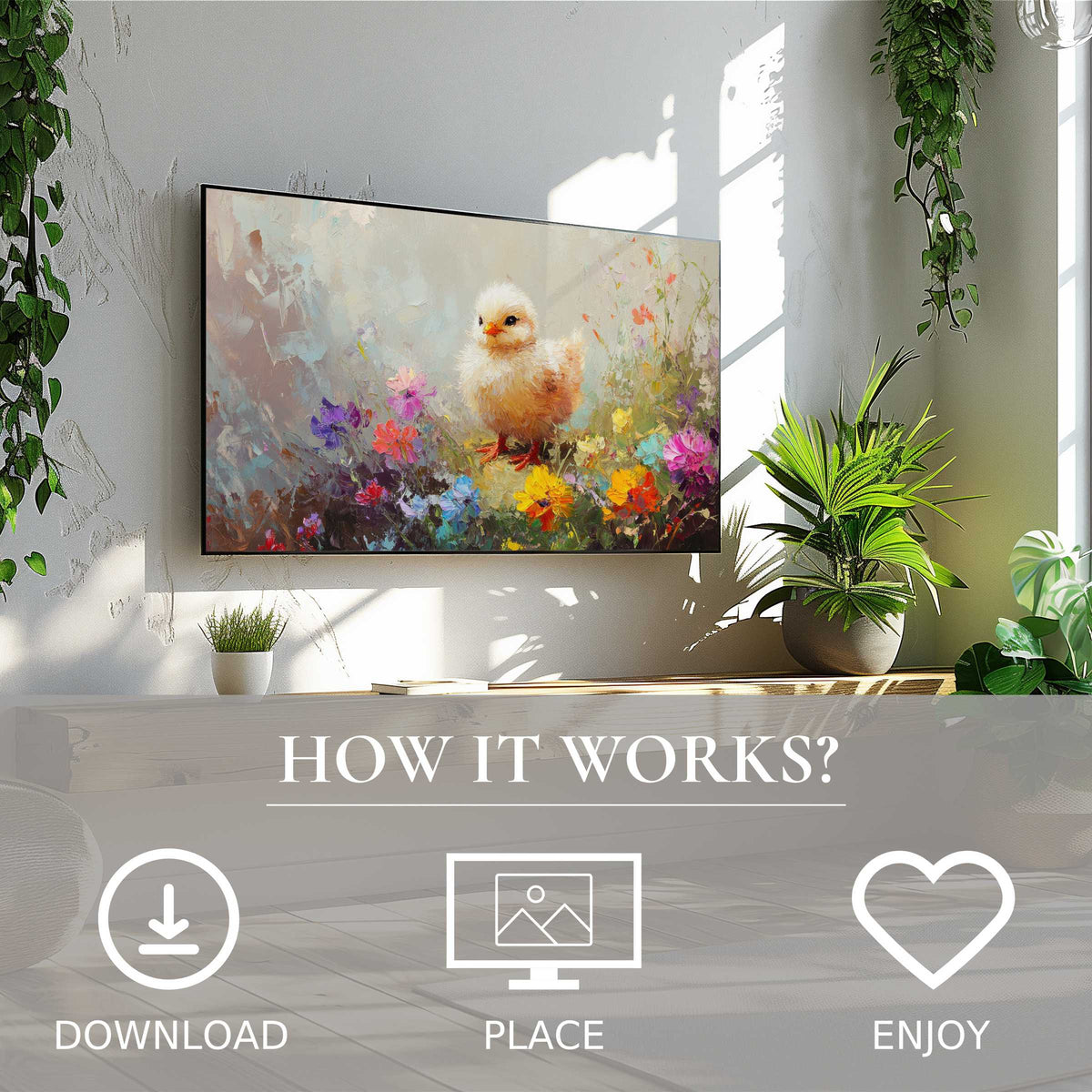 Bright living room with easter art for Samsung TV, featuring soft pastel chick motif, easy digital download décor