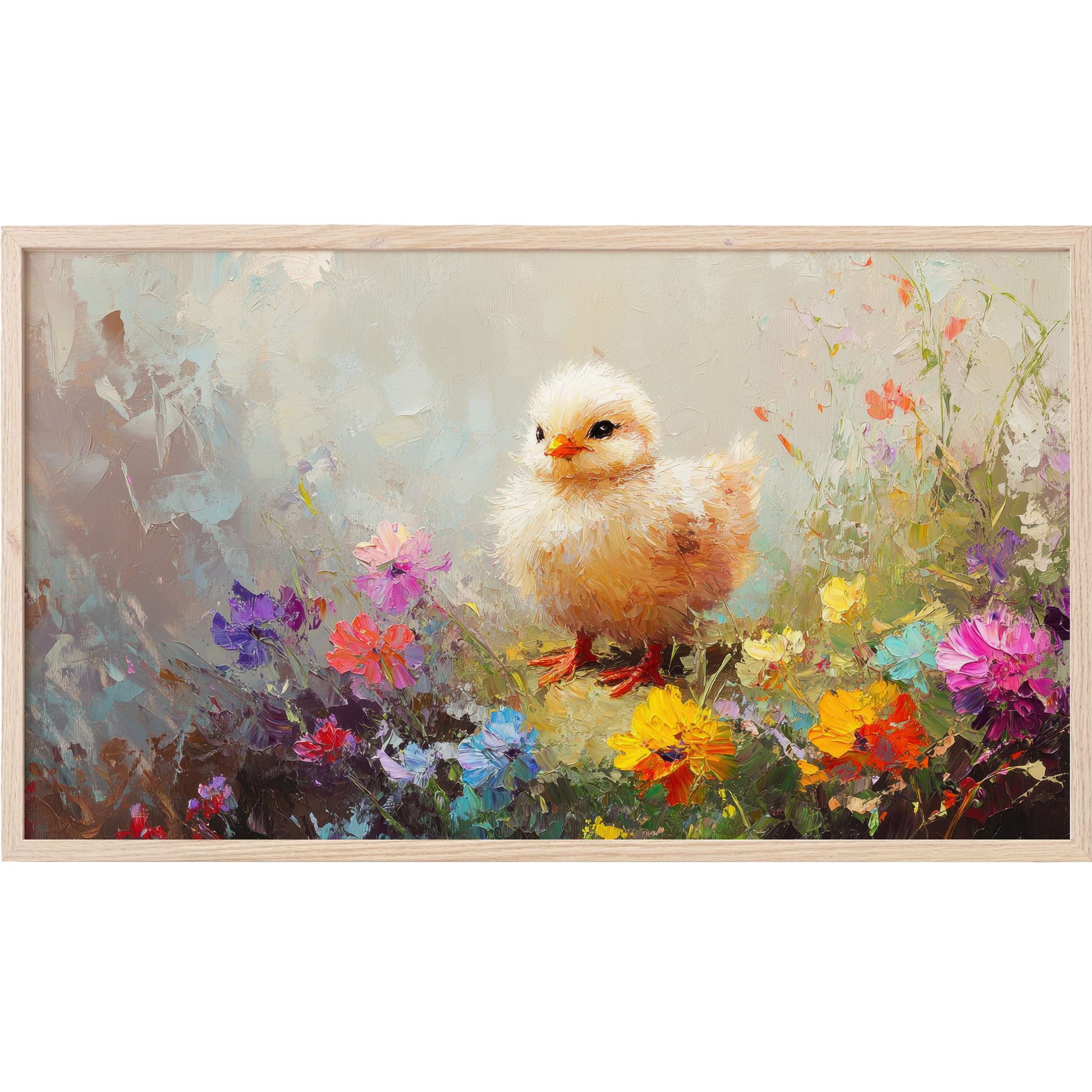 Delicate chick amidst vibrant wildflowers in a soft, impressionistic easter Frame TV Art painting