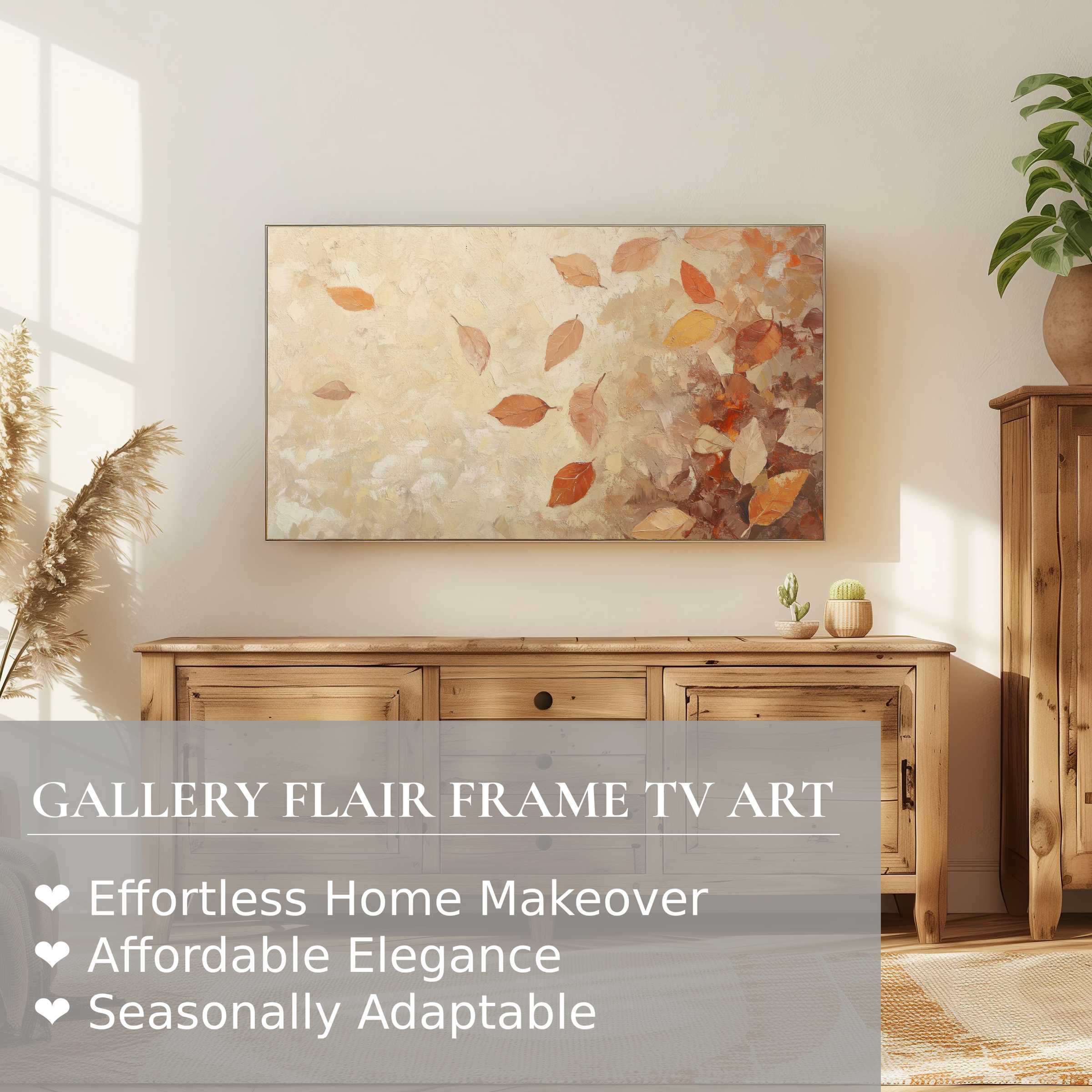 Samsung Frame TV displaying warm, textured fall digital artwork in a modern, elegant living space