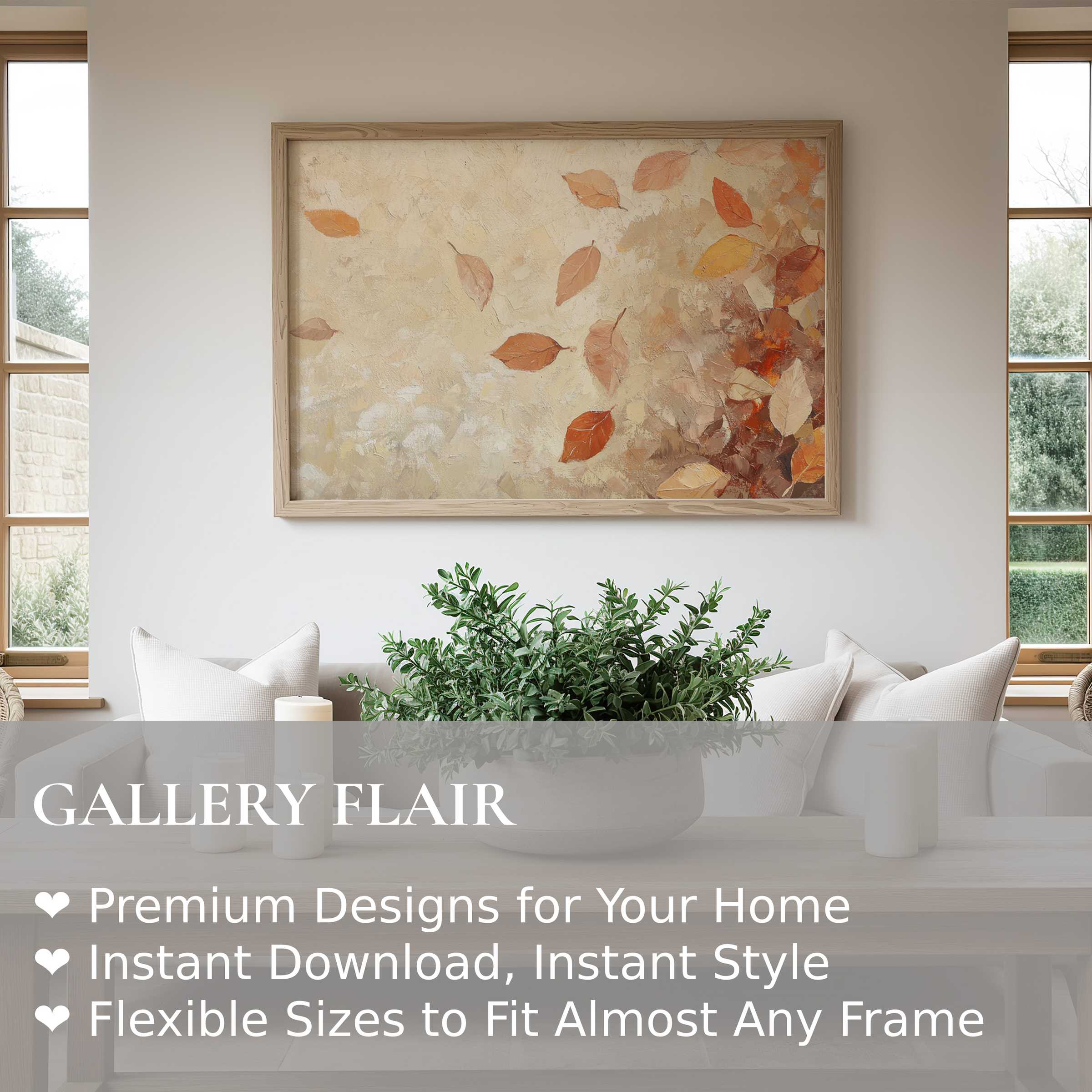 Elegant fall wall art print featuring softly textured autumn leaves in warm neutrals, enhancing modern minimalist living spaces