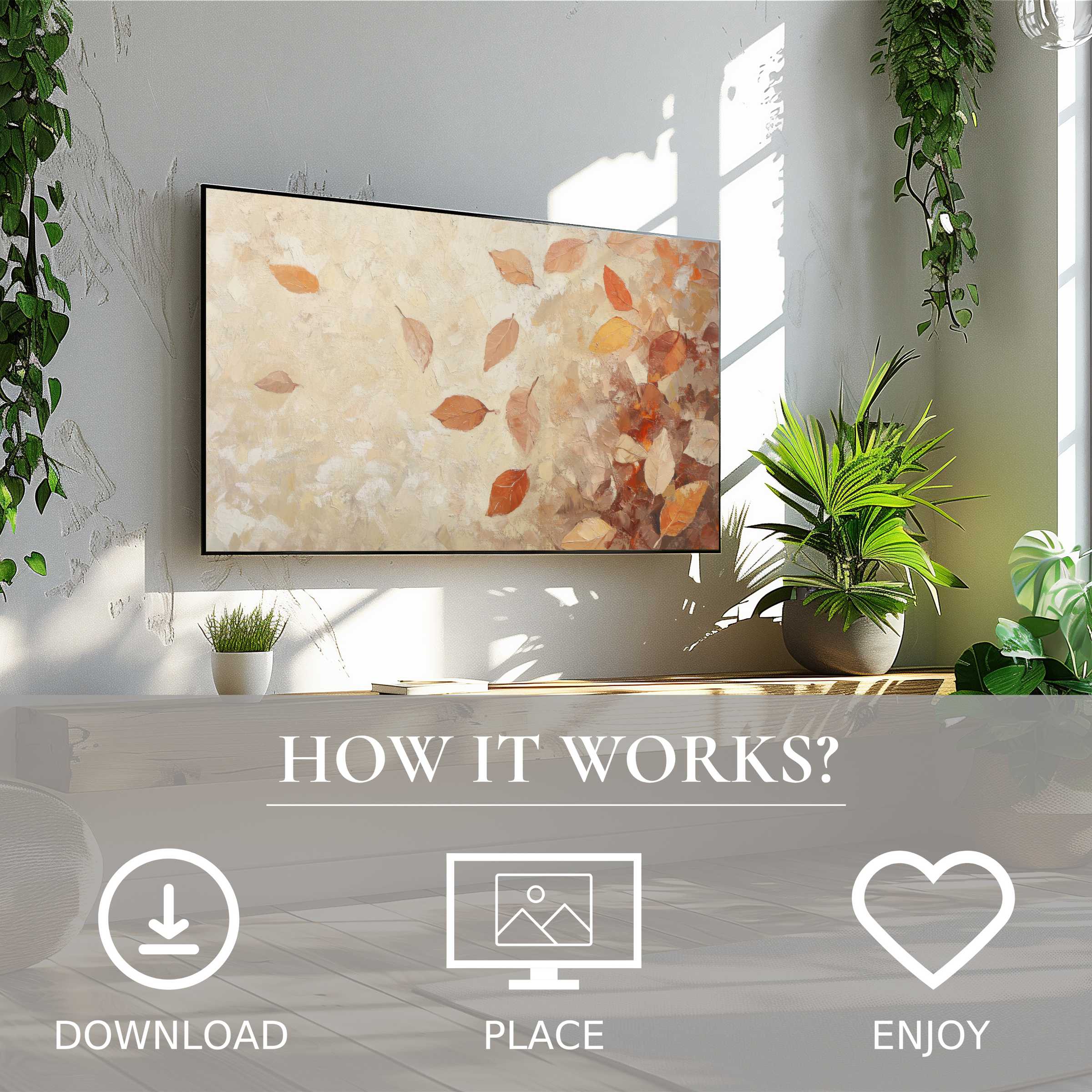 Fall art for Samsung TV with warm leaf motif, easy digital download enriches modern living spaces simply and stylishly
