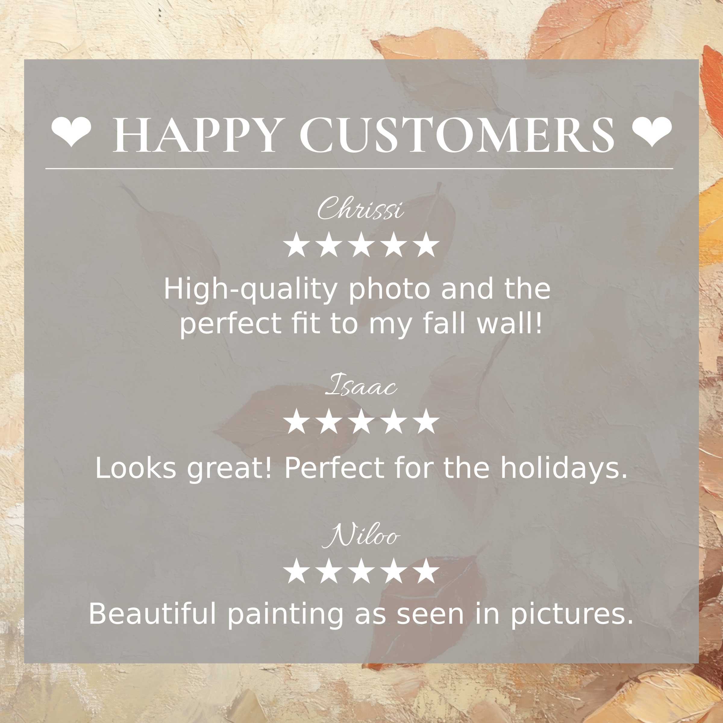 Elegant fall art for Frame TV with abstract sunset leaves; layout inspires trust featuring happy customer reviews