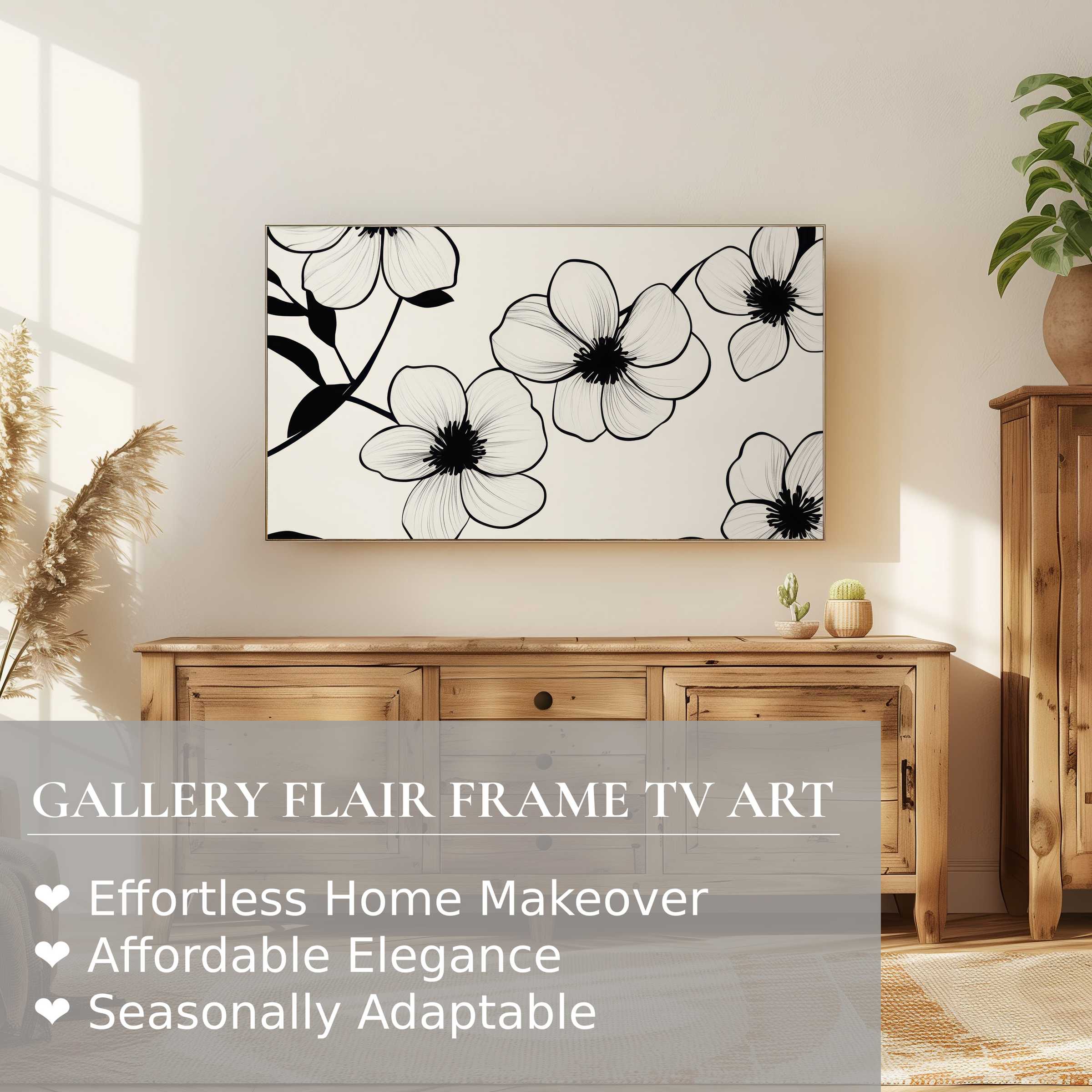 Samsung Frame TV displaying refined black and white digital artwork of floral motifs in a modern living space