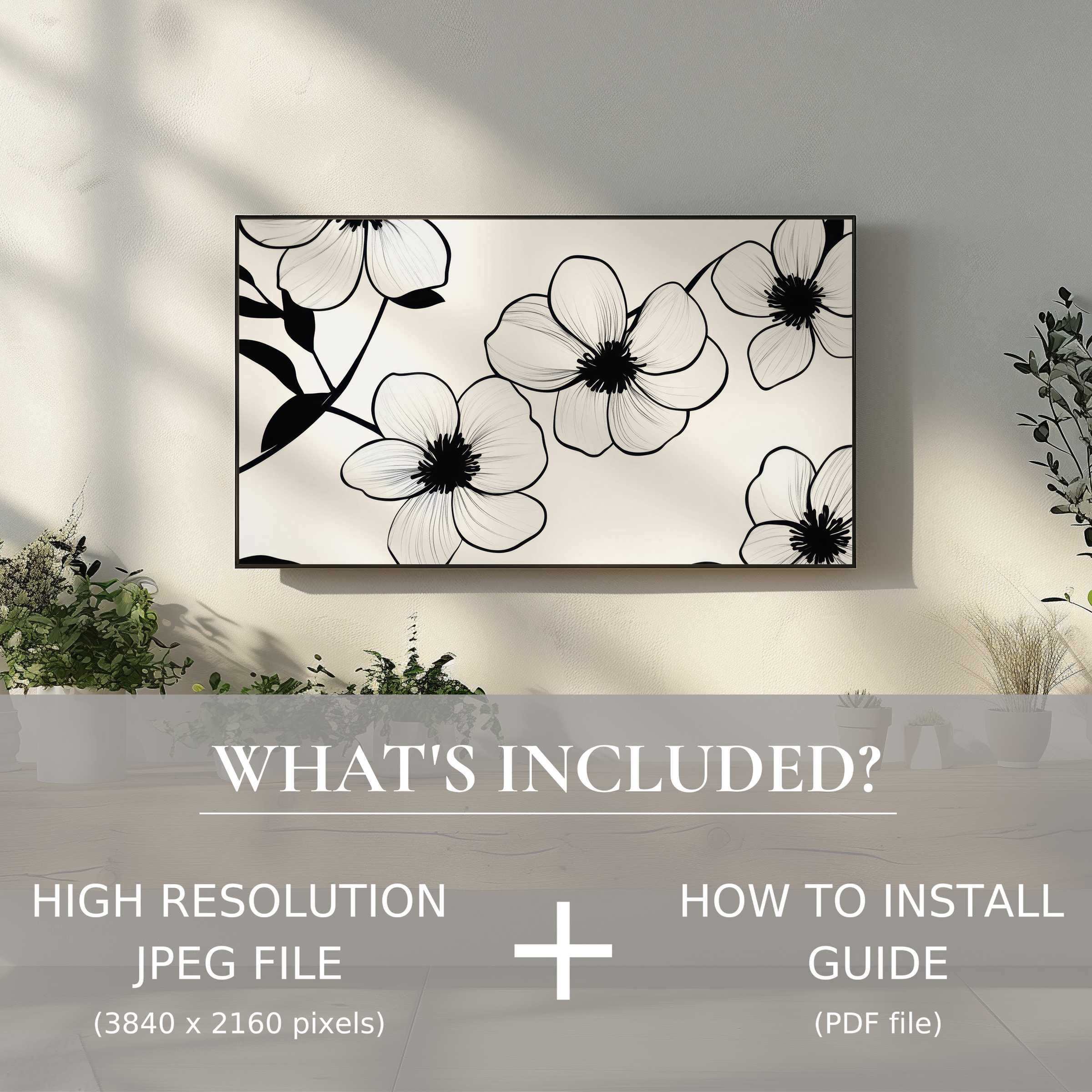 Sophisticated black and white digital TV art download elevates your living room with elegant, easy-to-use digital decor