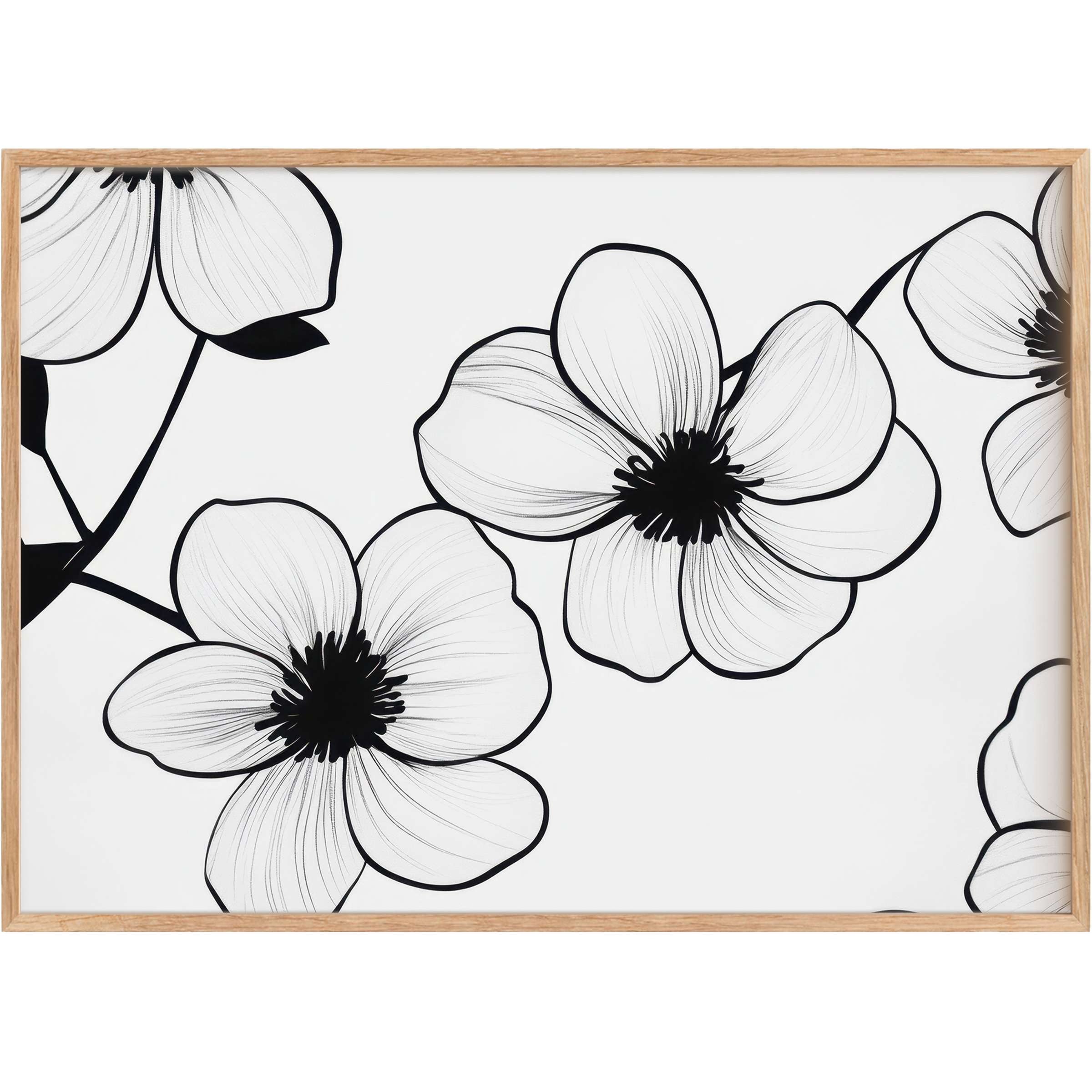 Elegant black and white printable wall art featuring delicate floral lines, creating a serene and timeless ambiance