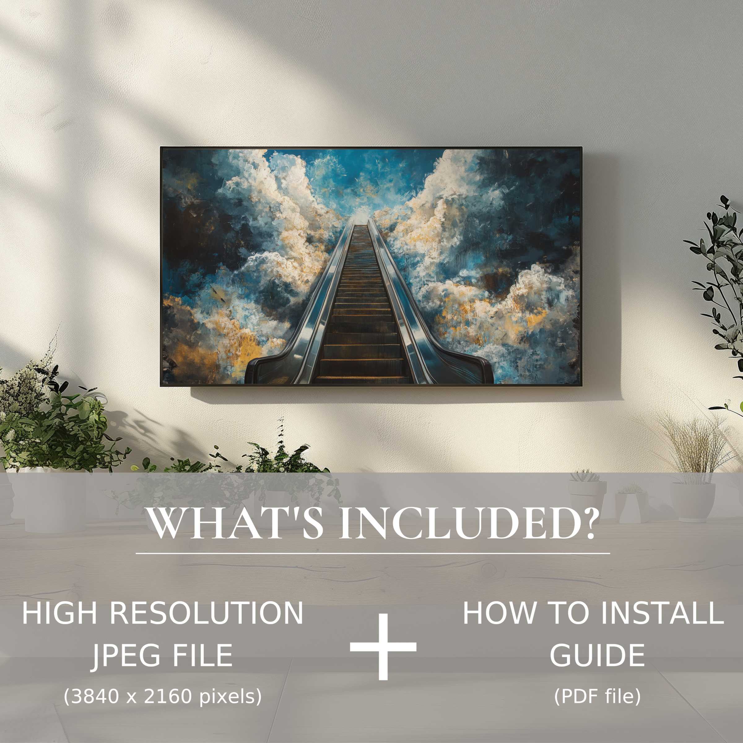 Elegant living room with vibrant street art digital TV art download, enhancing space with easy digital use and style
