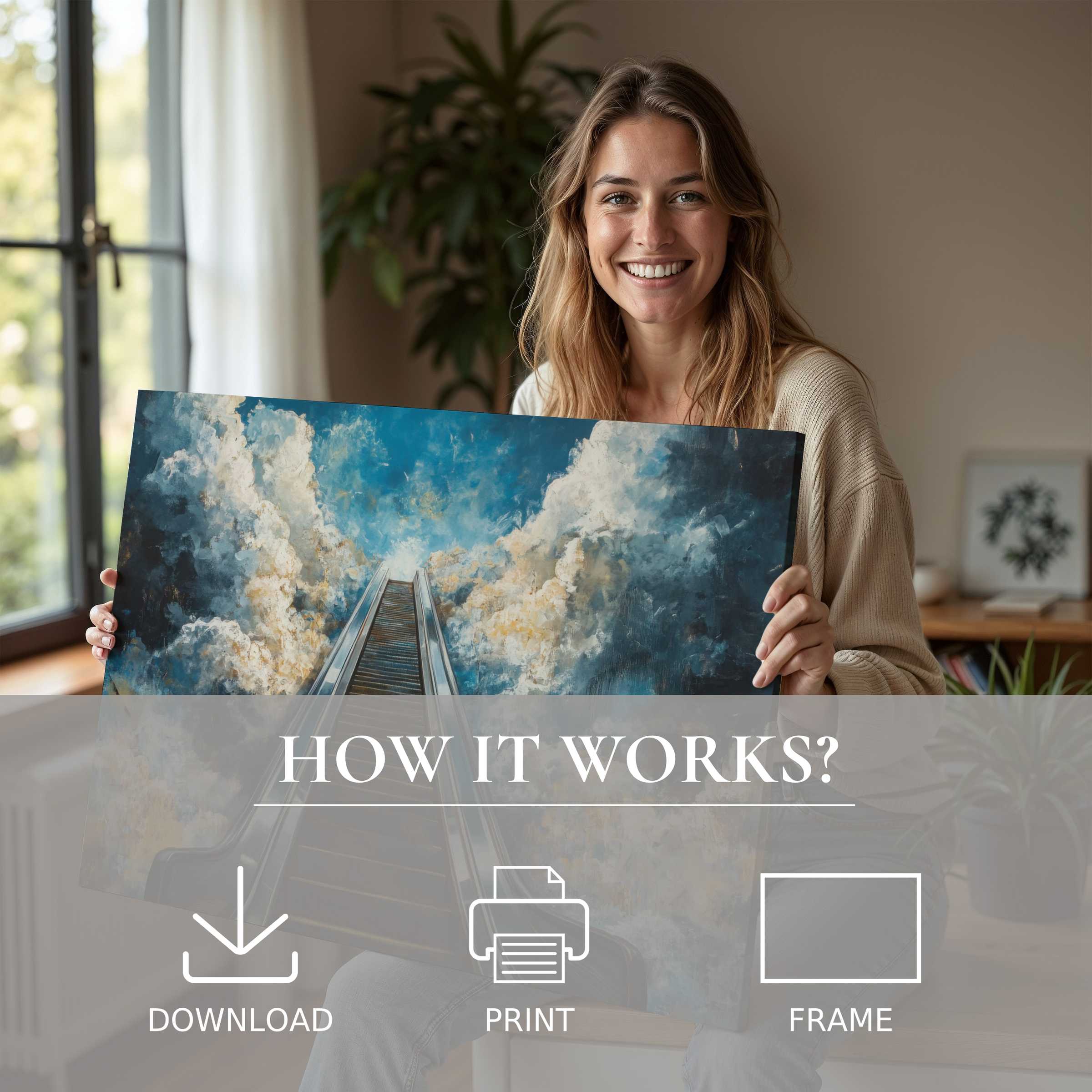 Radiant joy in a modern home as serene street art digital art print transforms space with effortless beauty and connection