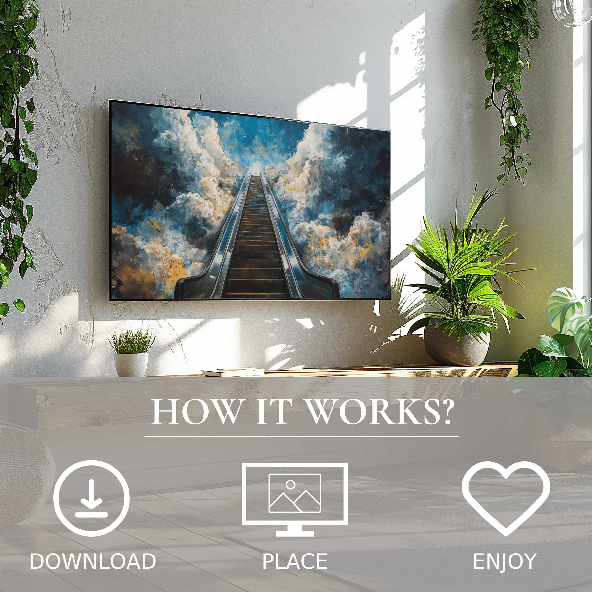 Modern living room with plants, street art for Samsung TV shows skyward escalator motif, easy digital download enhances decor
