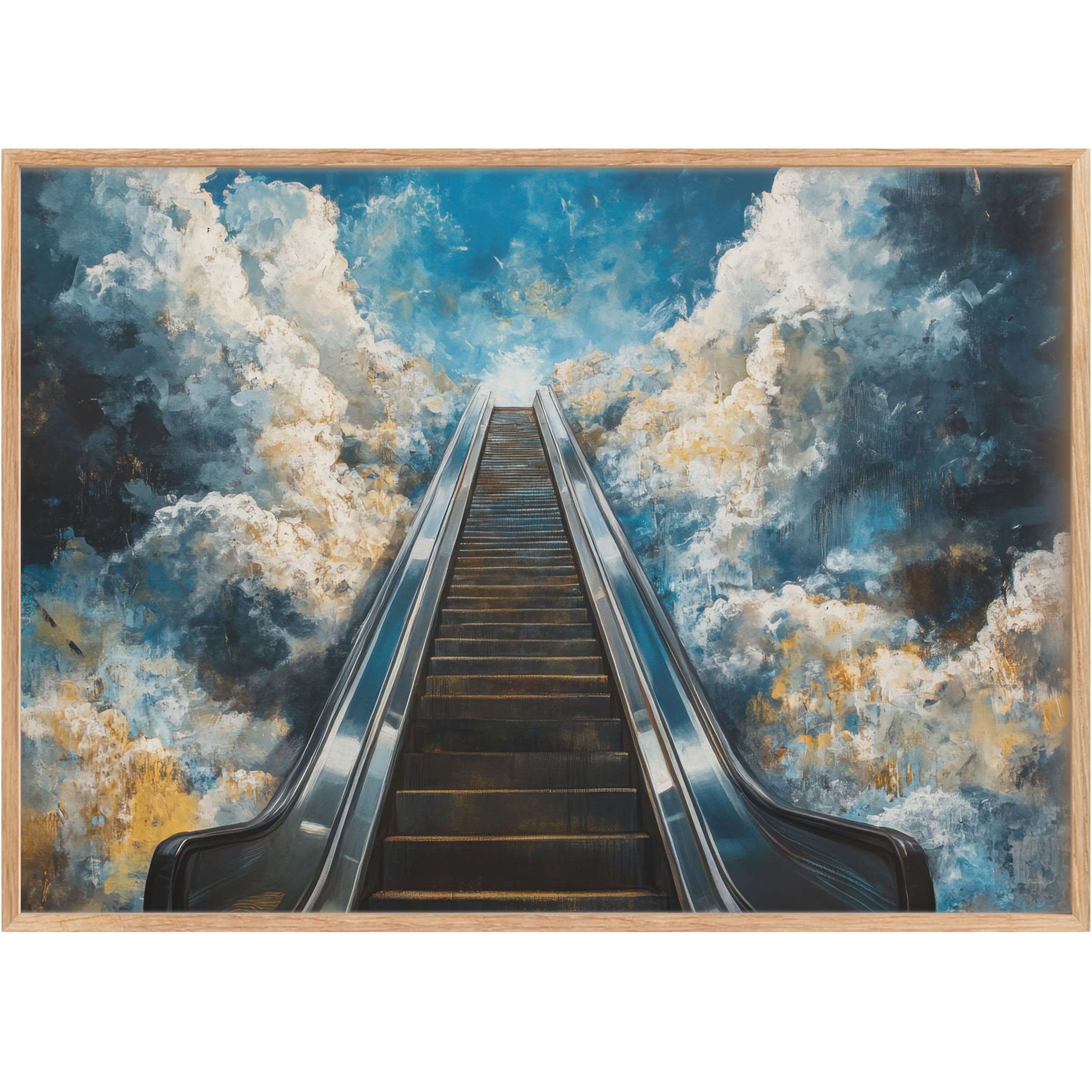 Elevate your space with street art printable wall art featuring a soaring escalator through radiant blue and gold clouds, inspiring limitless ambition and serene transcendence