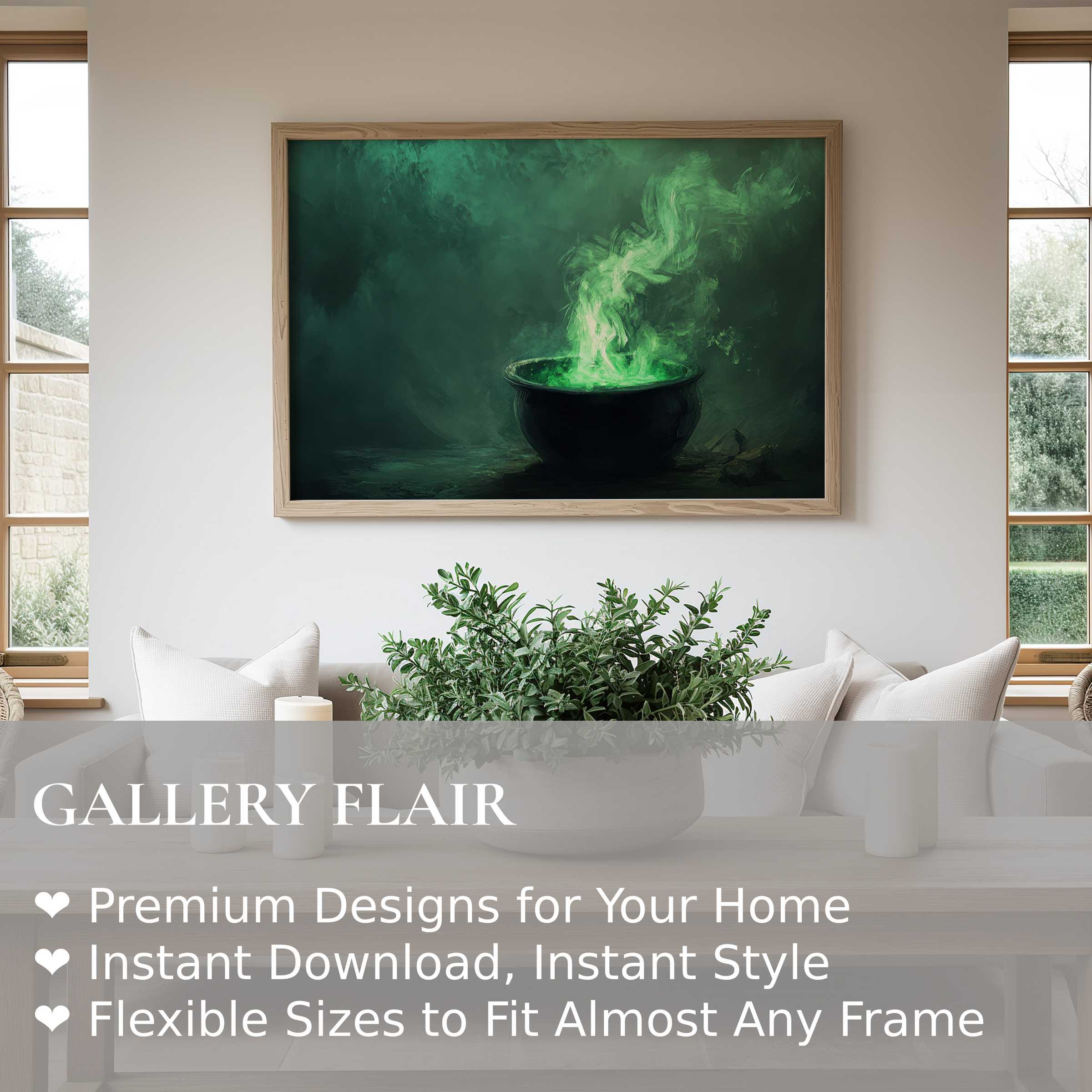 Eerie green mist swirls above a black cauldron in this bold Halloween wall art print, enriching sleek modern interiors with mysterious, moody charm
