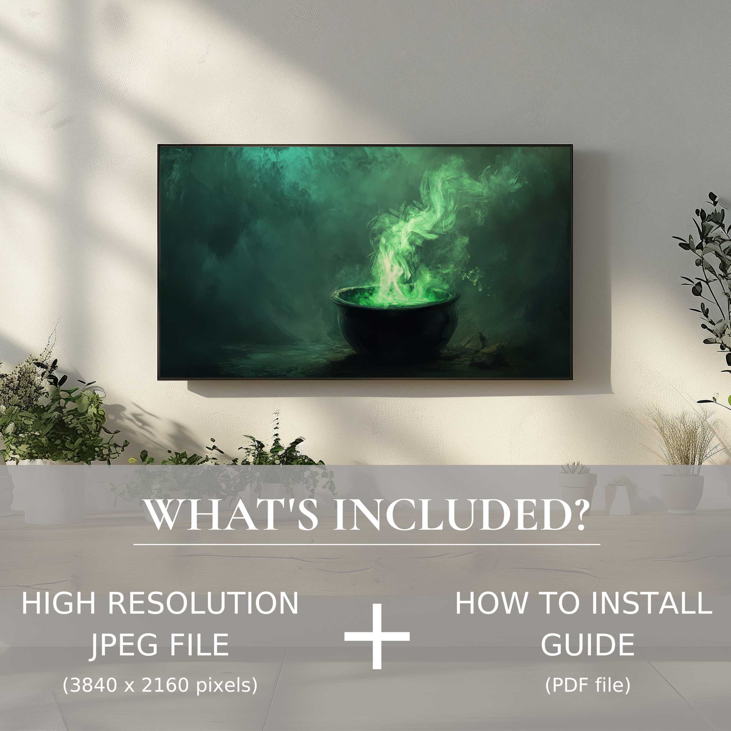 Elegant halloween digital TV art download with easy use, enhancing modern living spaces with a mystical green cauldron scene