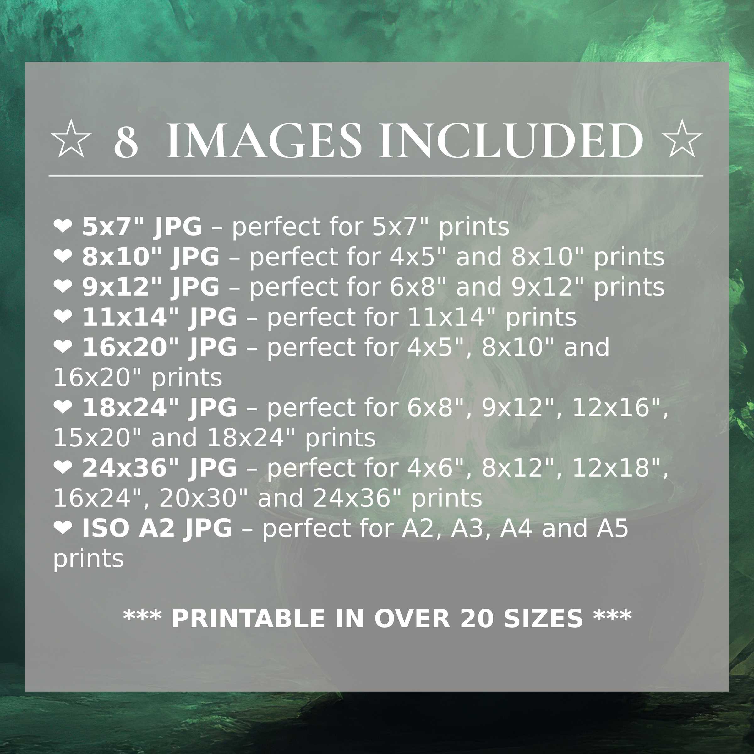 Luxurious halloween digital print in rich emerald and smoky grays, delivering bold elegance; includes 8 high-quality sizes with download