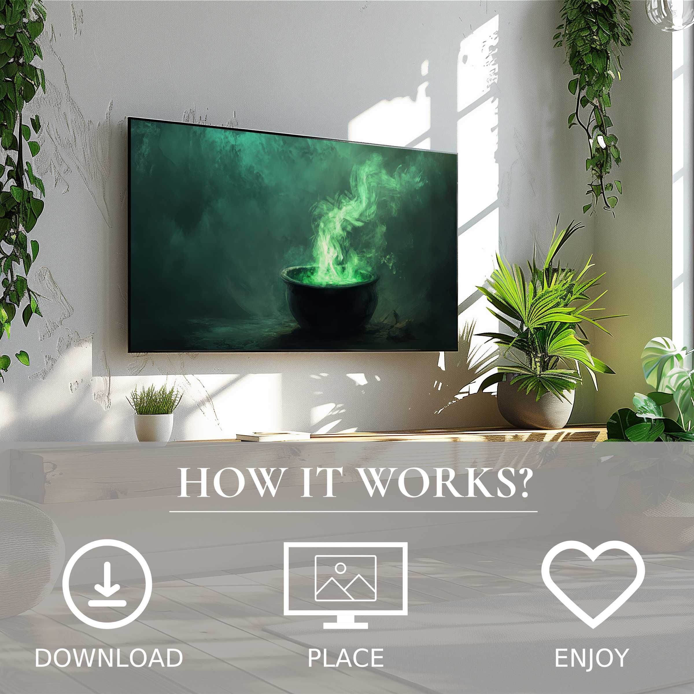 Modern living room with easy digital download; halloween art for Samsung TV shows green smoky cauldron motif