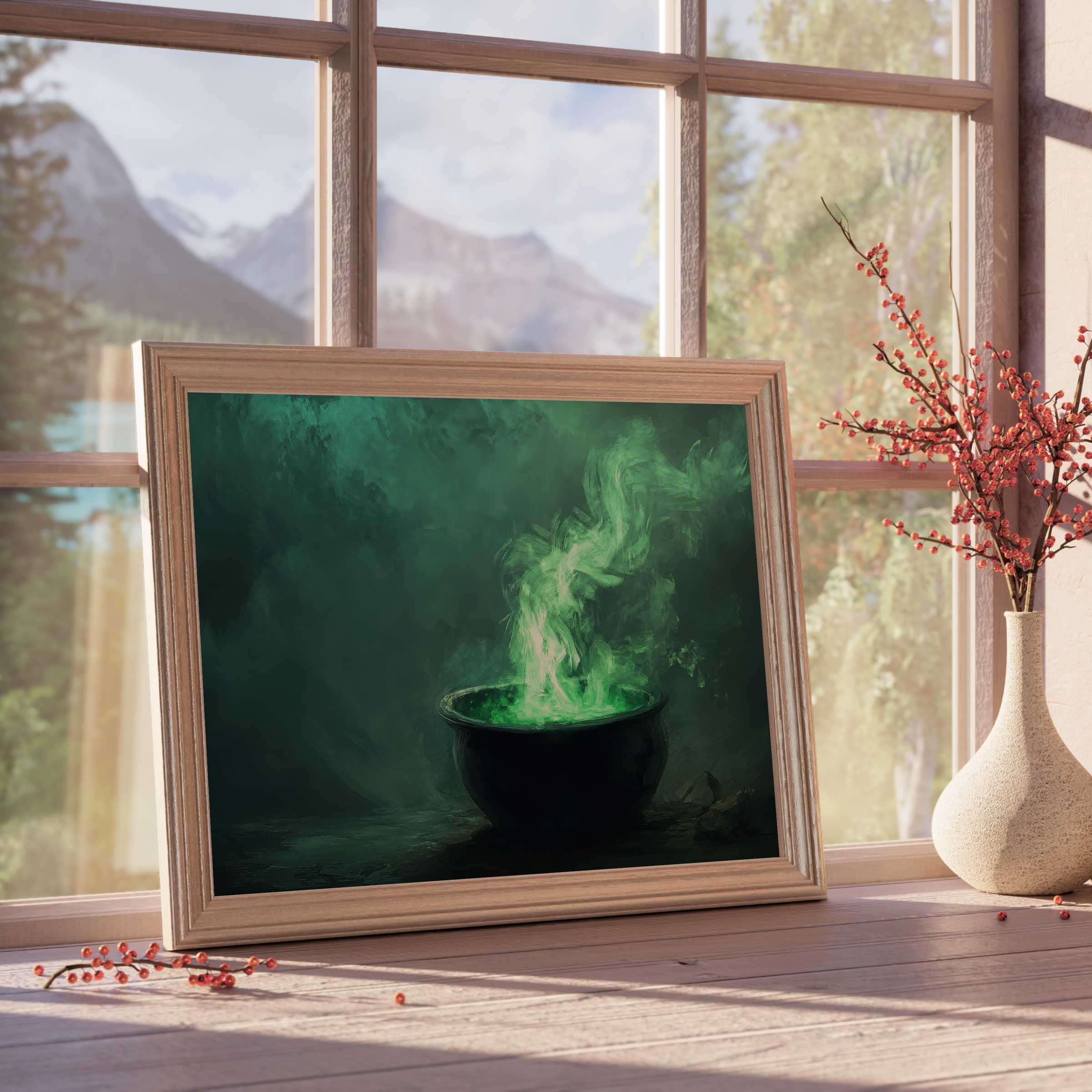 Hauntingly elegant Halloween downloadable art featuring emerald green witch’s brew-perfect for curated, tranquil interiors