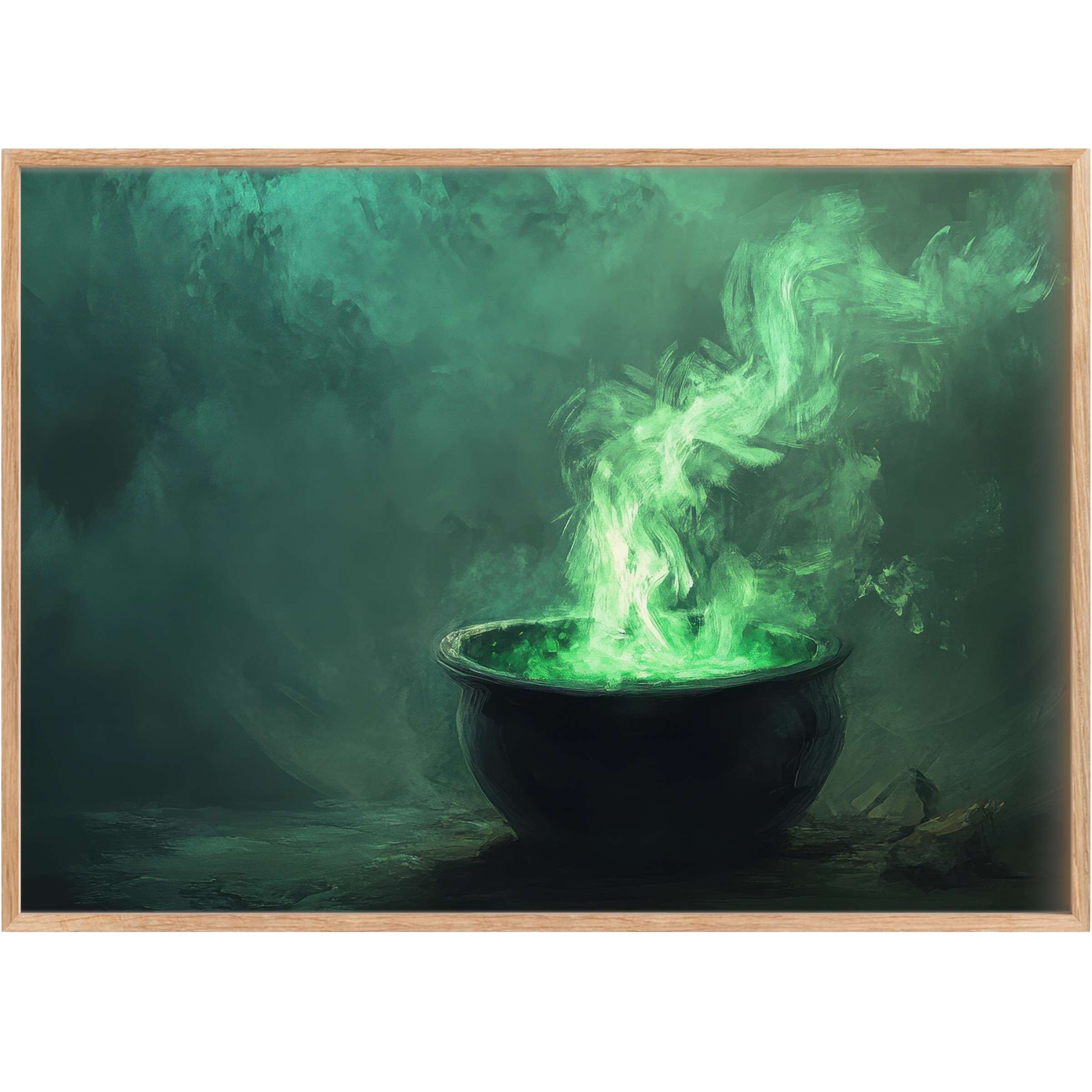 Enigmatic halloween printable wall art featuring a smoky emerald cauldron, evoking a mystical and alluring ambiance for chic interiors