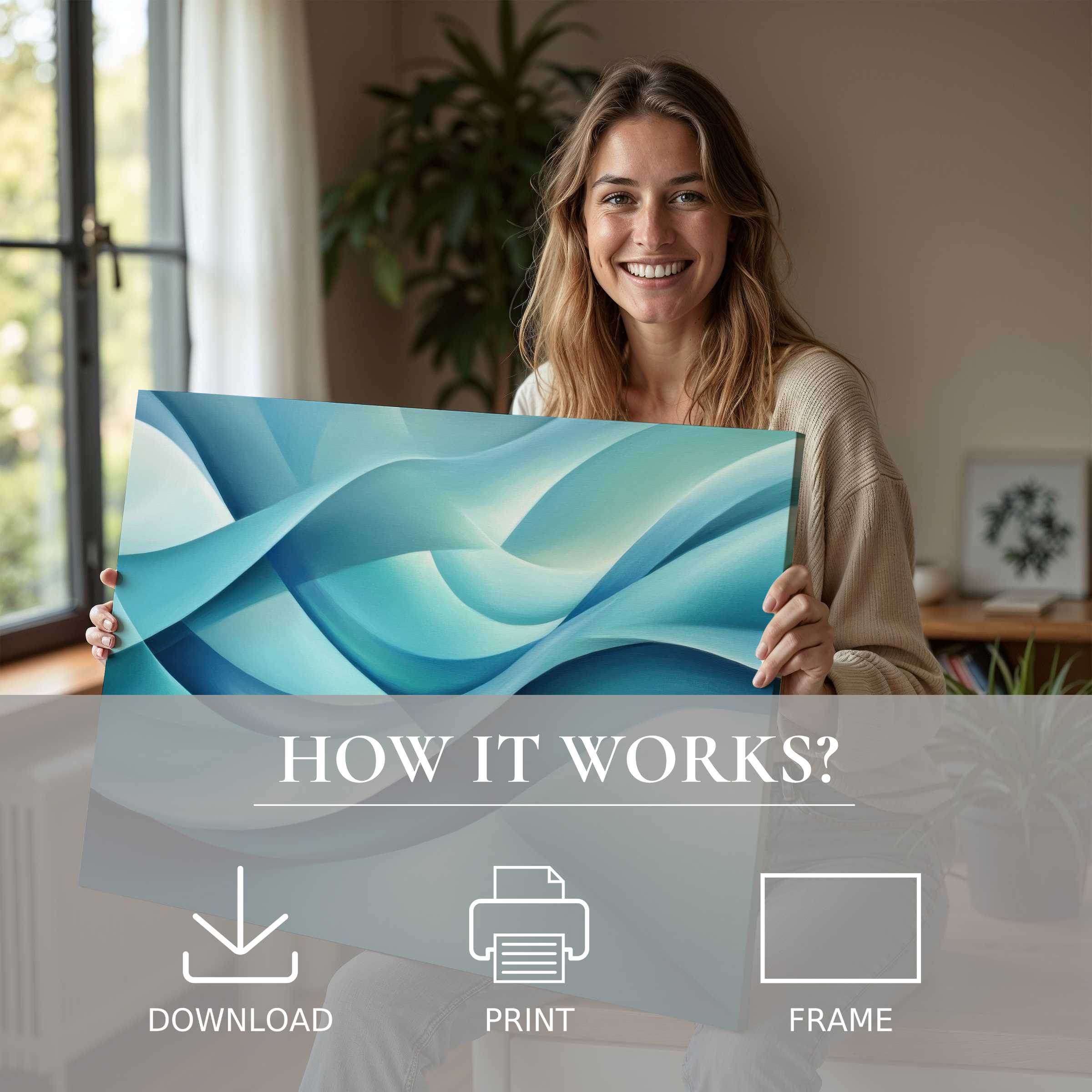 A radiant woman shares an abstract digital art print in soothing blue tones, embodying the effortless joy of curating serene, elegant home spaces