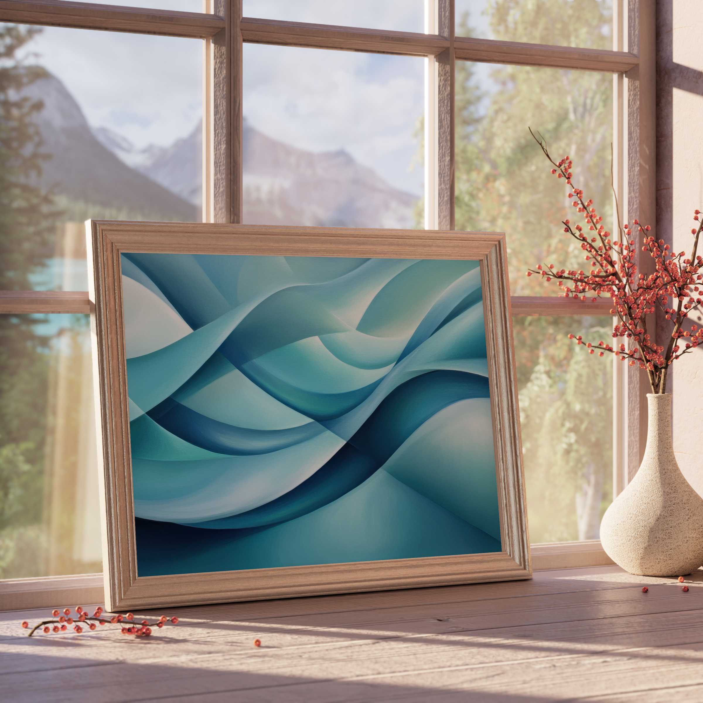 Abstract downloadable art in serene blue tones, flowing waves evoke calm elegance, perfect for curated, tranquil interiors