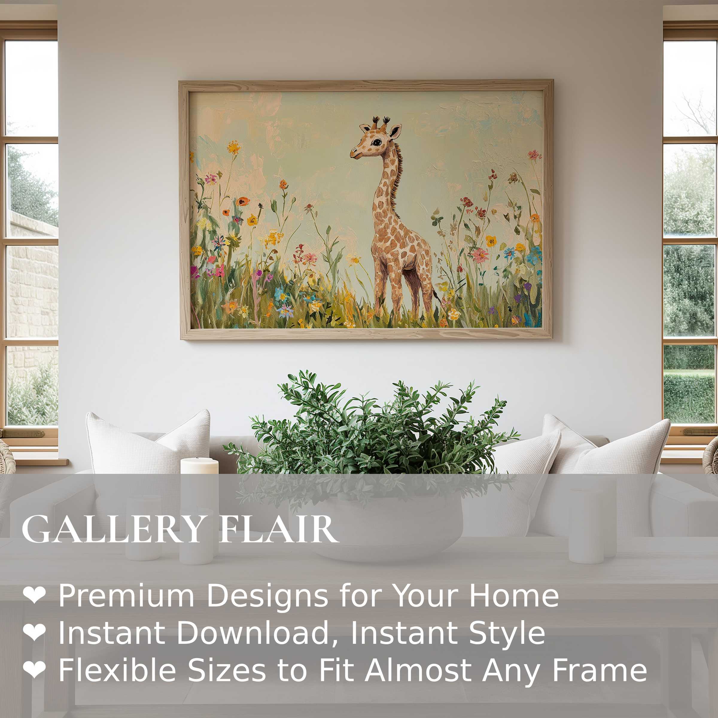 Nursery wall art print featuring a radiant giraffe among wildflowers, enhancing modern, serene nursery décor with gentle charm and joy