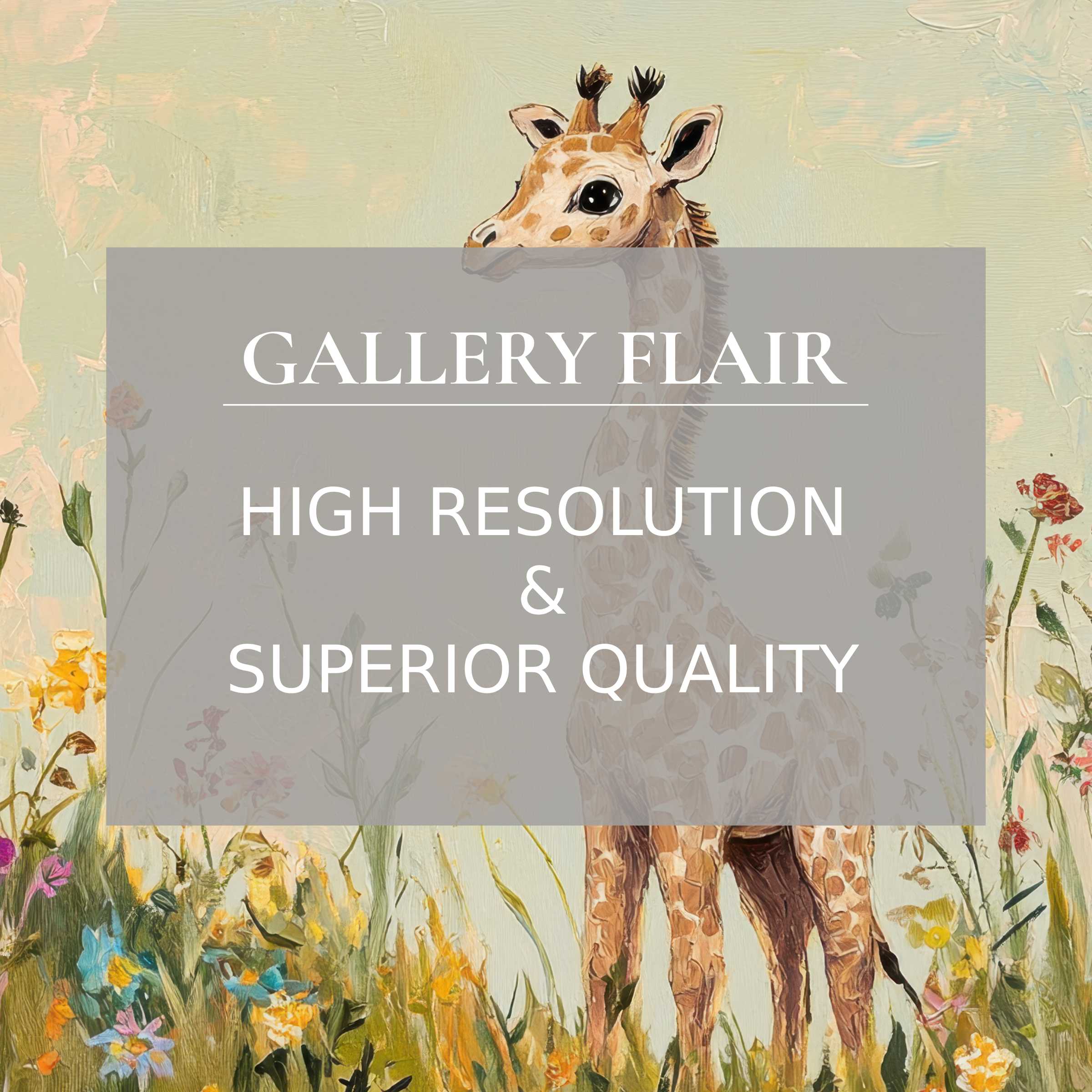 Delightful nursery printable art capturing a serene baby giraffe amid vibrant wildflowers, rendered in exquisite, high-resolution detail