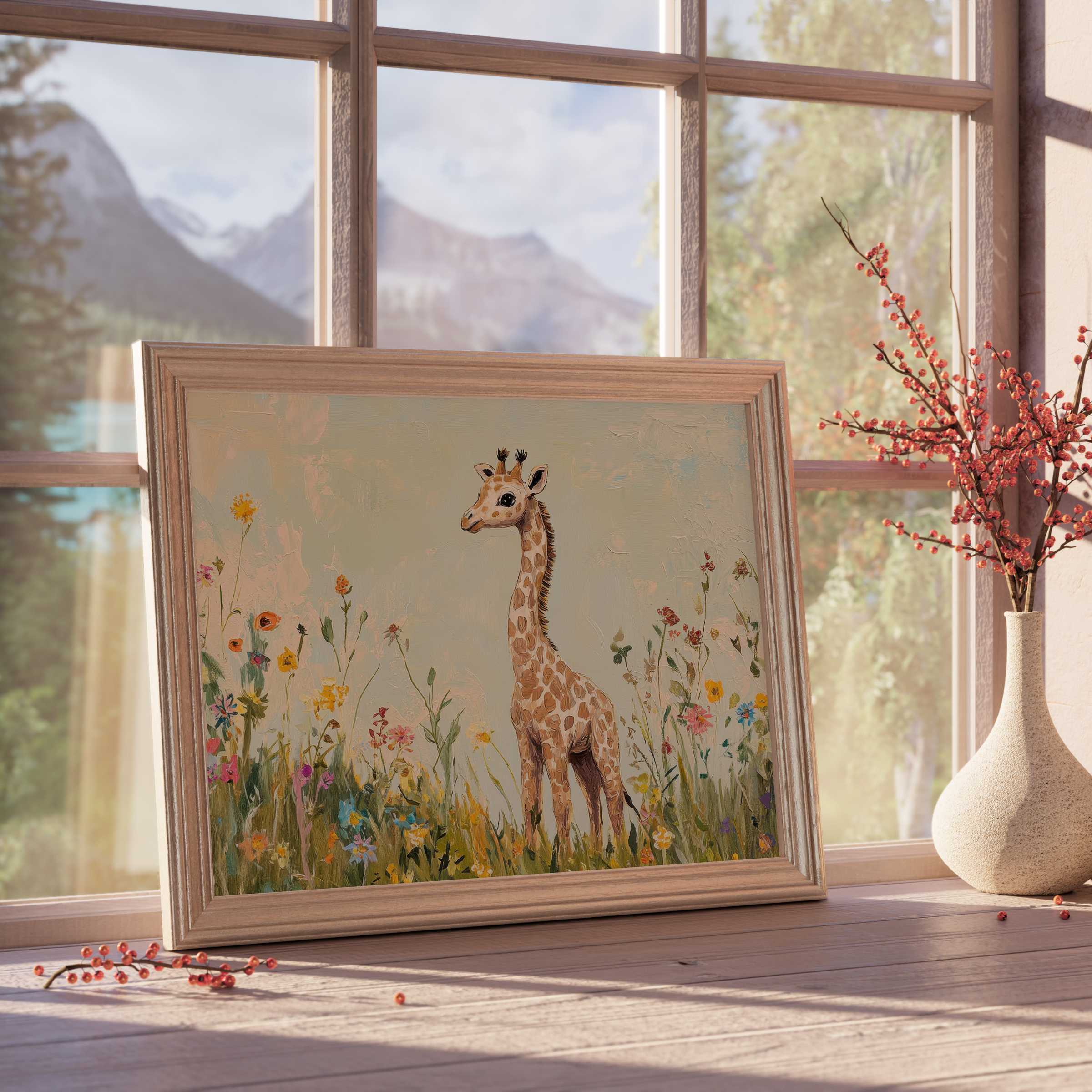 Charming nursery downloadable art featuring a serene baby giraffe amid wildflowers, elevating tranquil, curated spaces