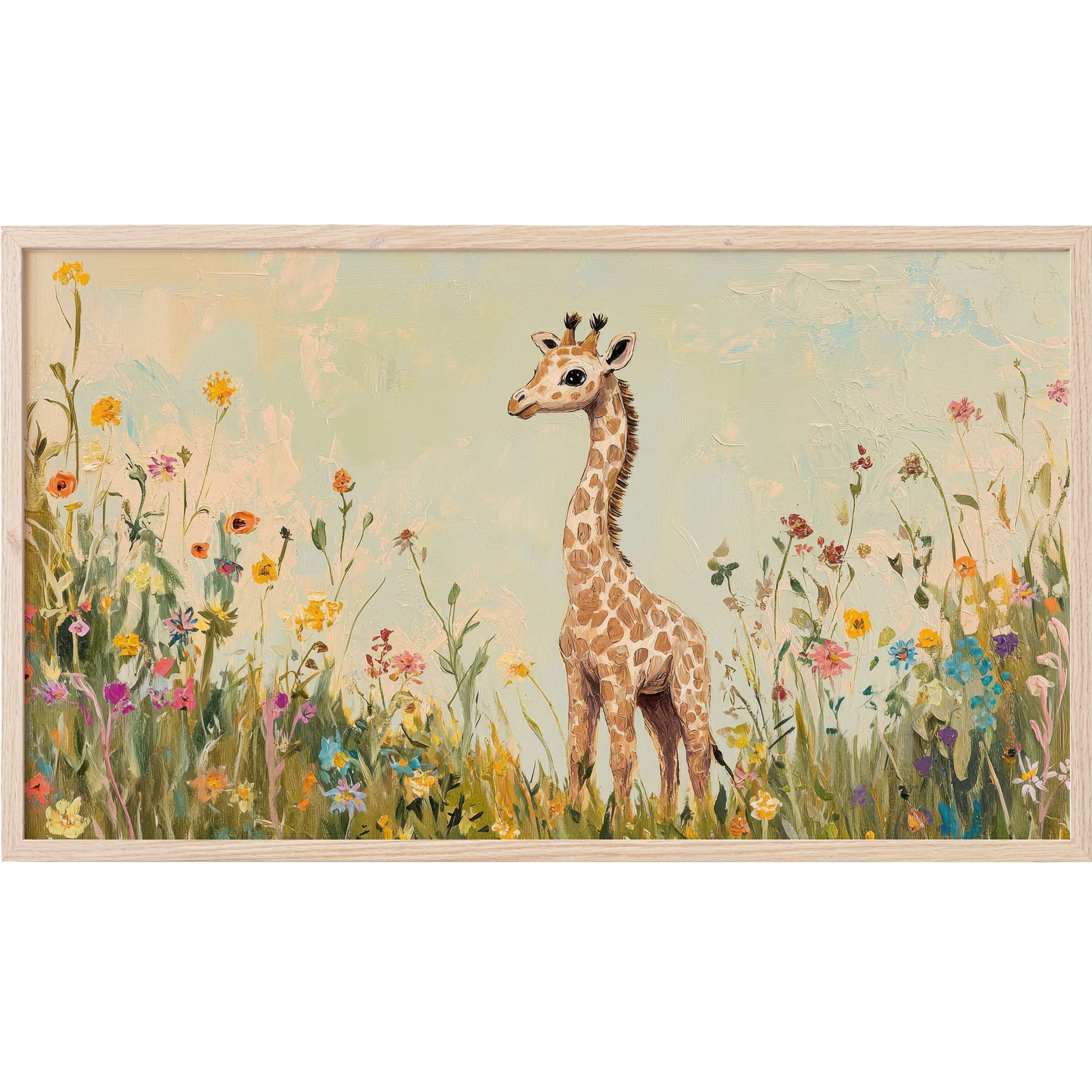 Whimsical baby giraffe amid soft wildflowers in pastel hues, a serene nursery Frame TV Art for stylish spaces