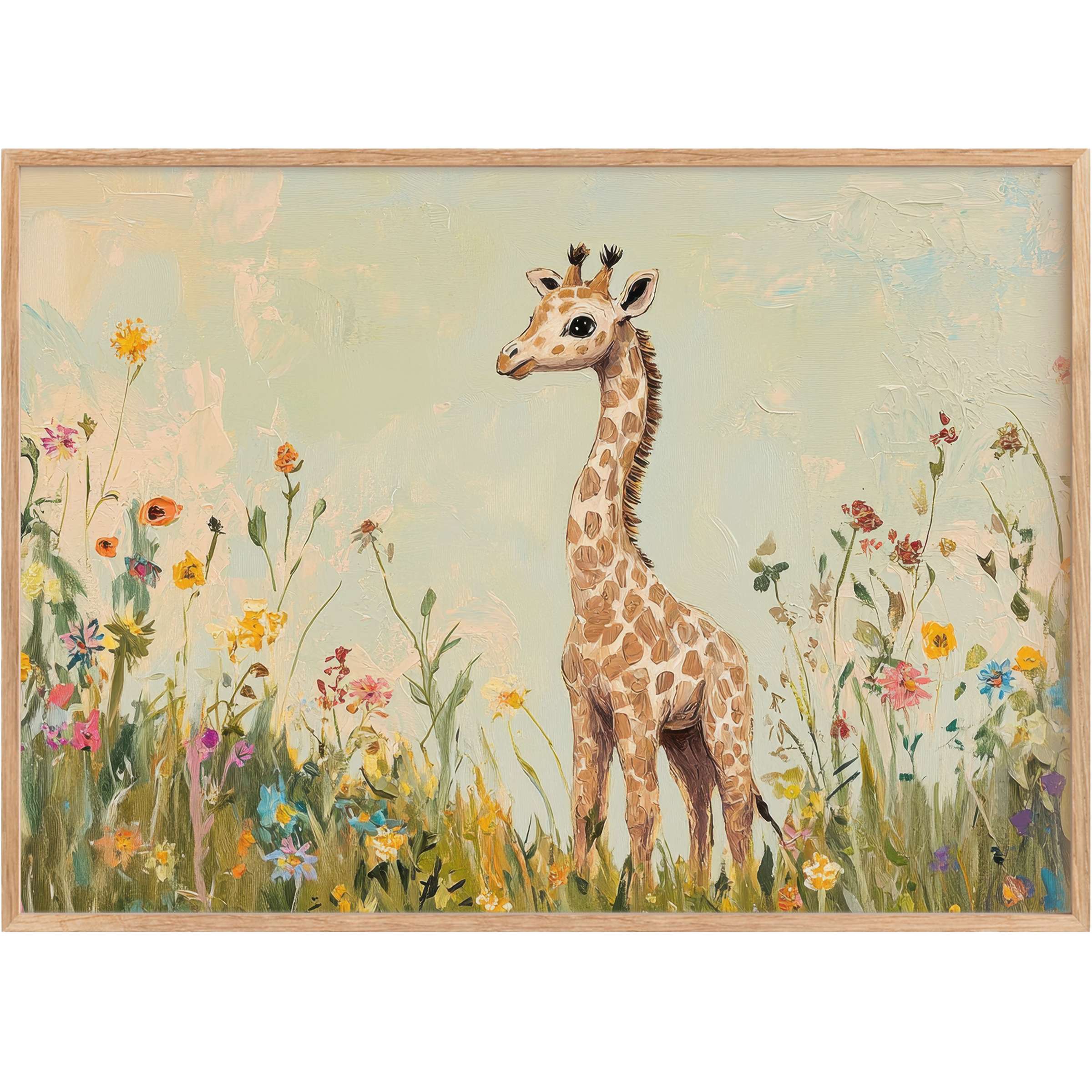 Whimsical nursery printable wall art featuring a gentle giraffe amidst vibrant wildflowers, evoking a serene, joyful atmosphere