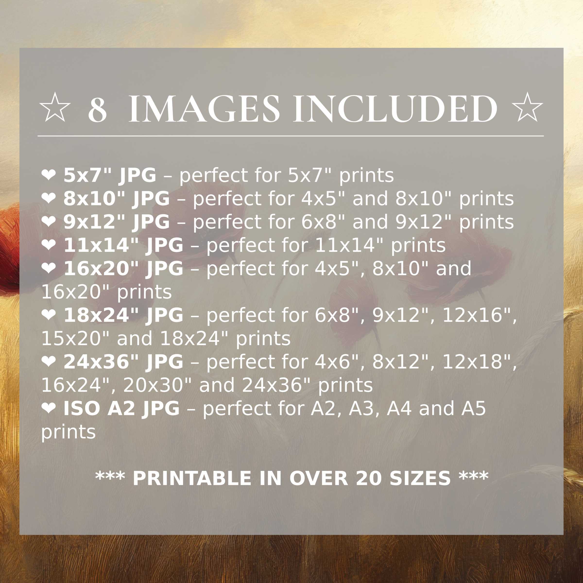 Radiant floral digital print in warm golds and soft reds, offered in 8 high-quality sizes included, perfect for elevating modern interiors with timeless style and versatile elegance