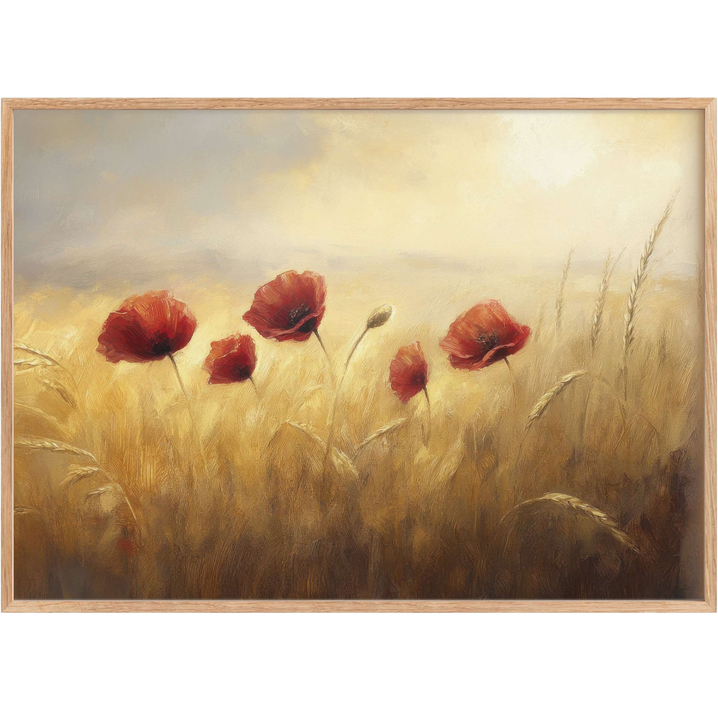 Elegant floral printable wall art showcasing vivid red poppies against golden wheat fields, evoking a serene, sunlit warmth
