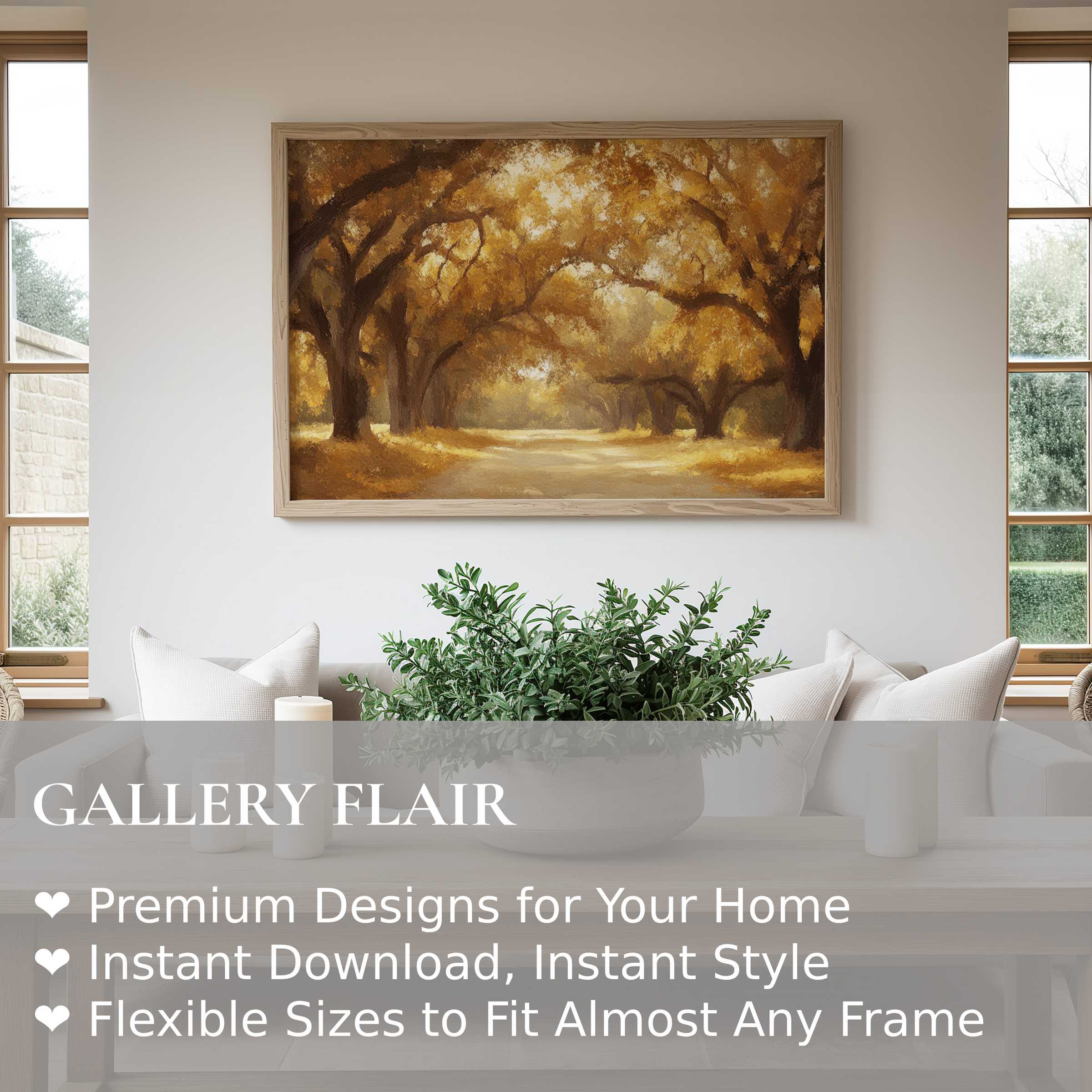 Warm and radiant tree wall art print featuring autumnal golden hues, enhancing modern minimalist interiors with serene natural beauty