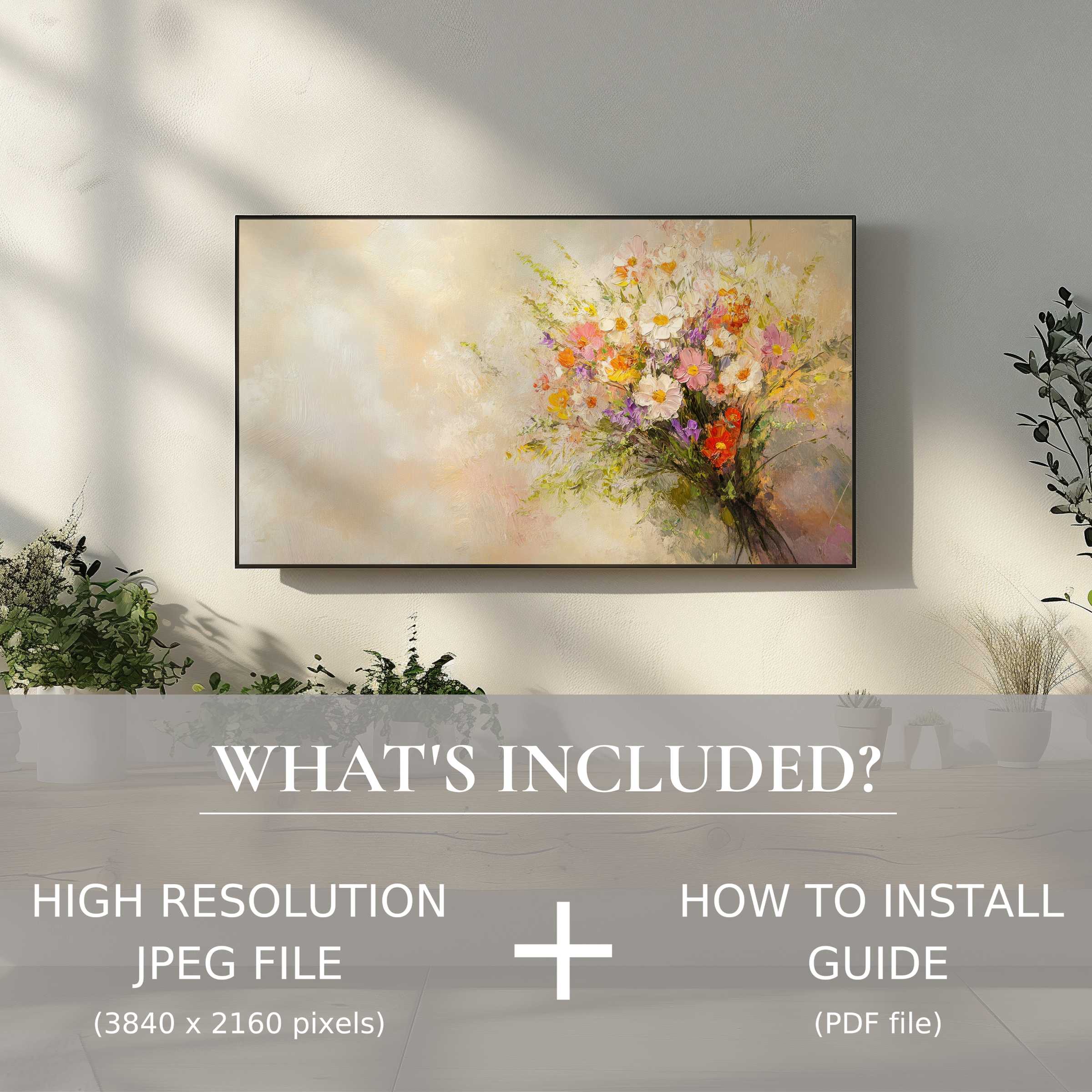 Elegant farmhouse digital TV art download enhances modern living spaces with effortless, high-res digital use and floral charm