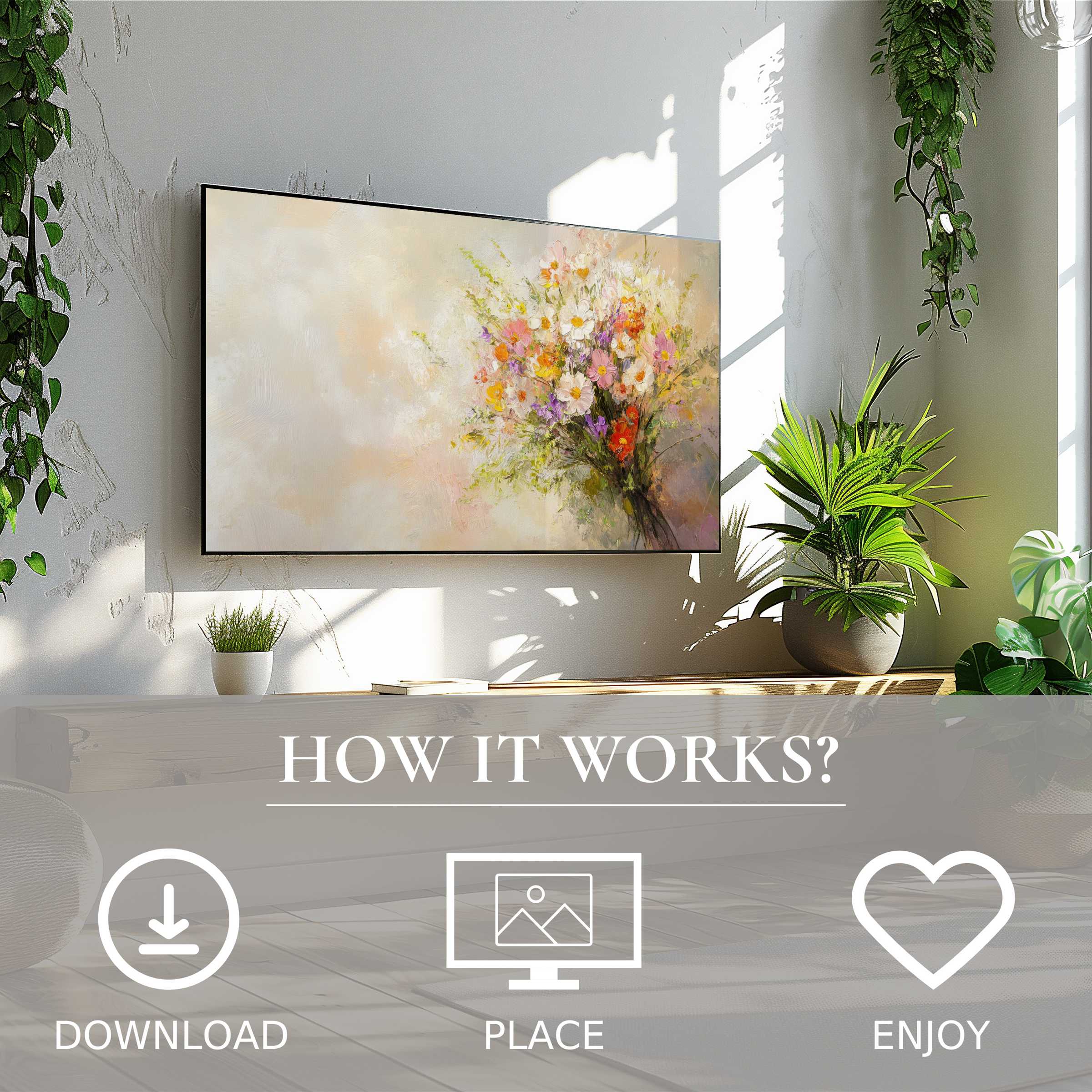 Farmhouse art for Samsung TV with soft floral tones, easy digital download enhances modern living spaces