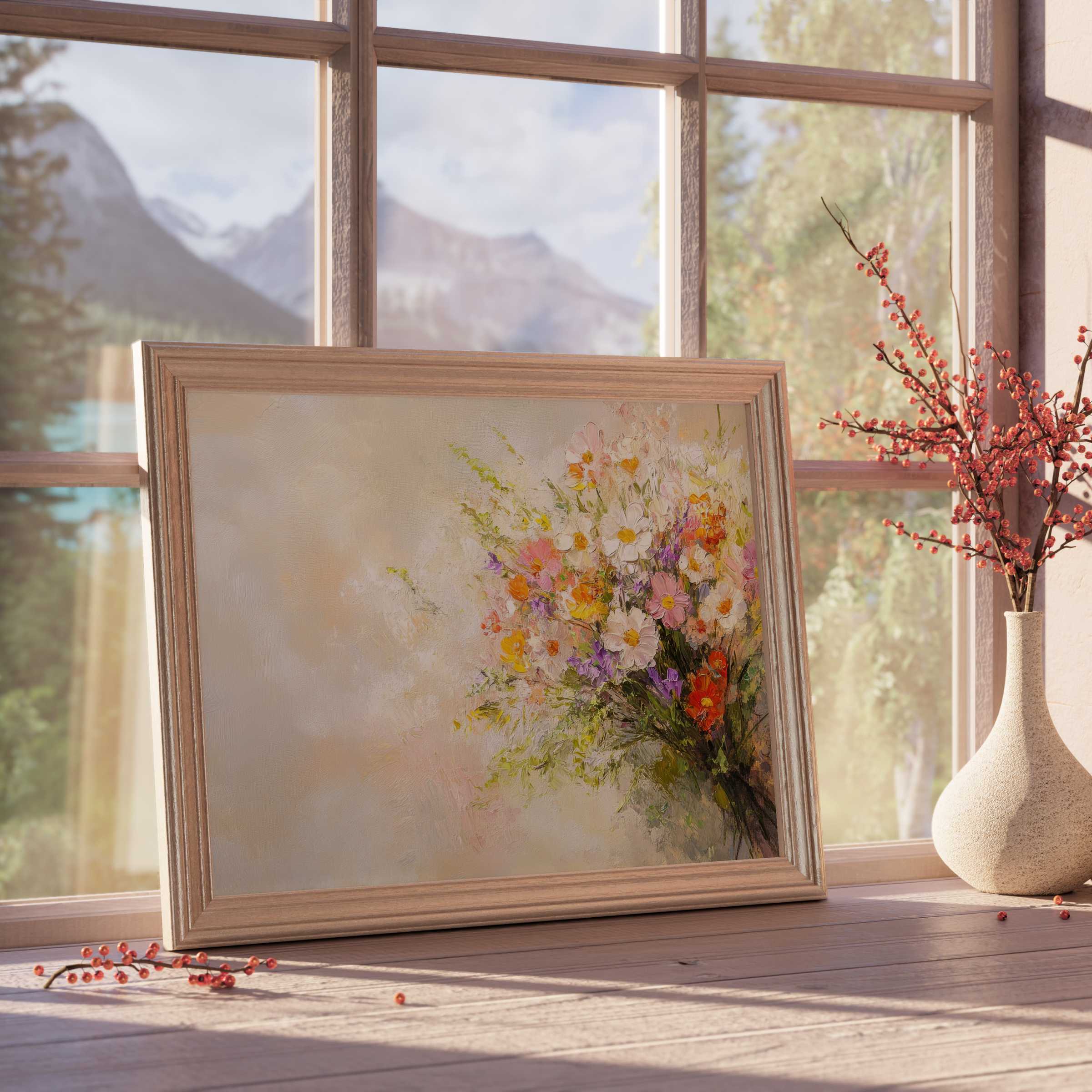 Farmhouse downloadable art featuring a soft, blooming bouquet that elevates tranquil, curated interiors with rustic charm and warm elegance