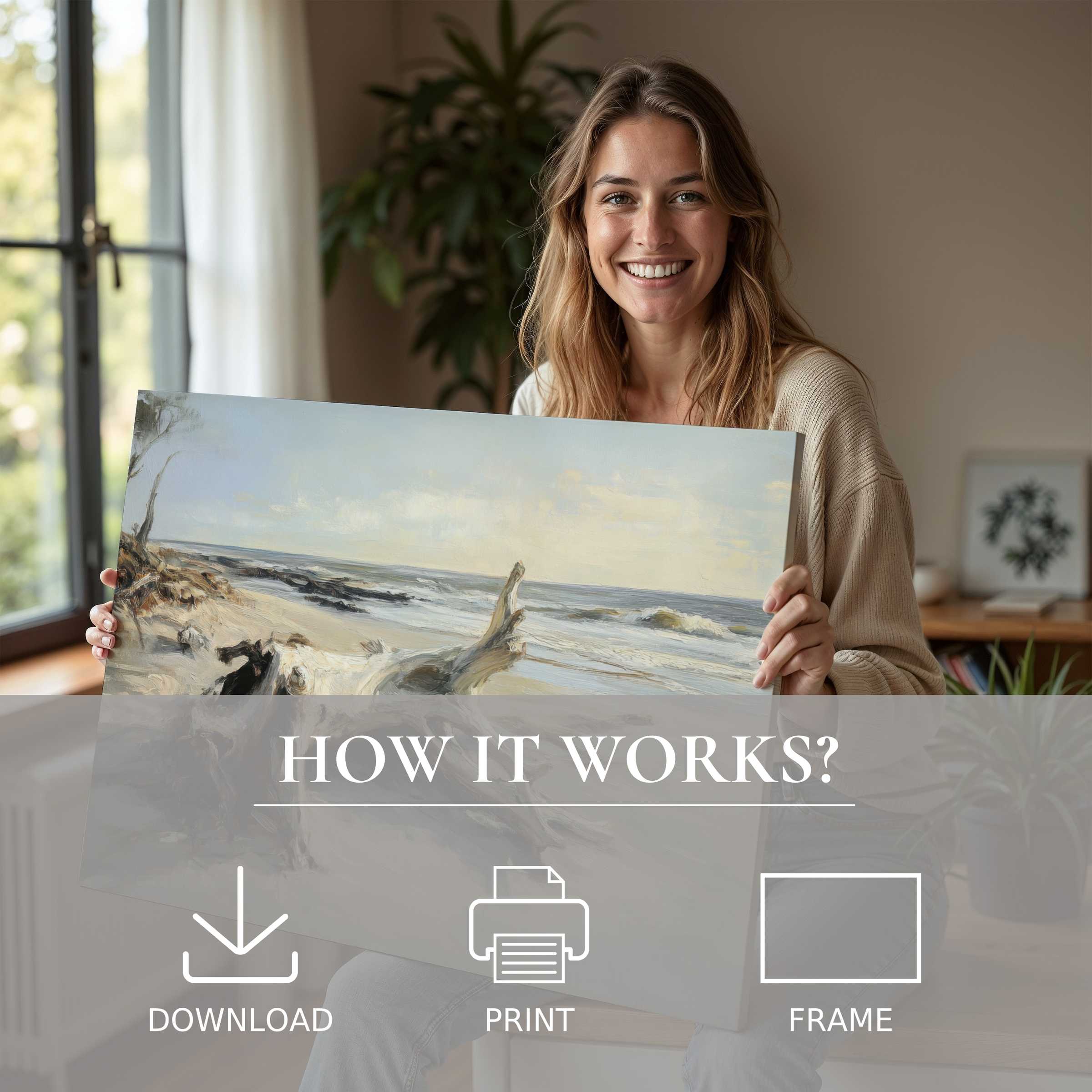 Radiant joy in a modern home where serene beach digital art print transforms space with effortless elegance and soulful connection