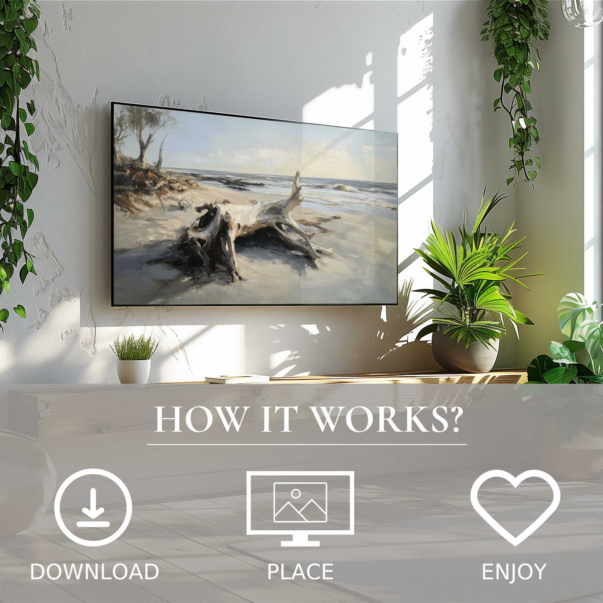 Modern living room with digital beach art for Samsung TV, soft coastal tones enhance space, easy download and display