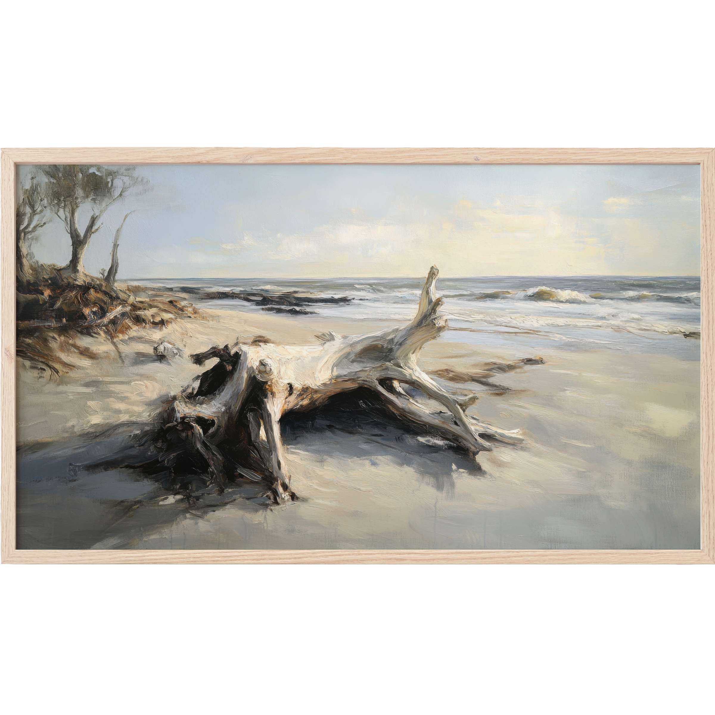 Serene driftwood on sandy shore in soft grays and blues, framed for elegant beach Frame TV Art decor