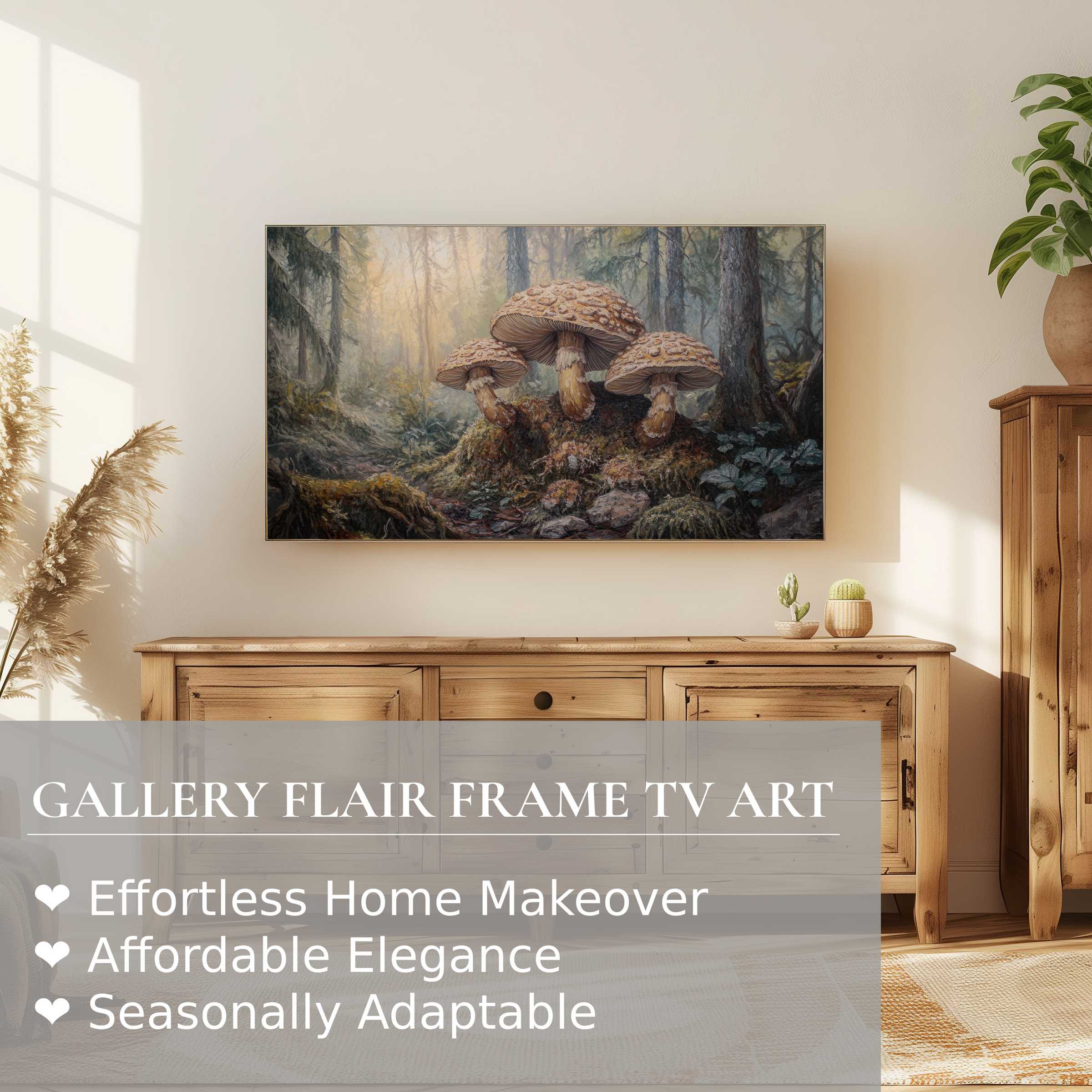 Modern forest scene botanical digital artwork on Samsung Frame TV, perfect for refined, elegant home decor
