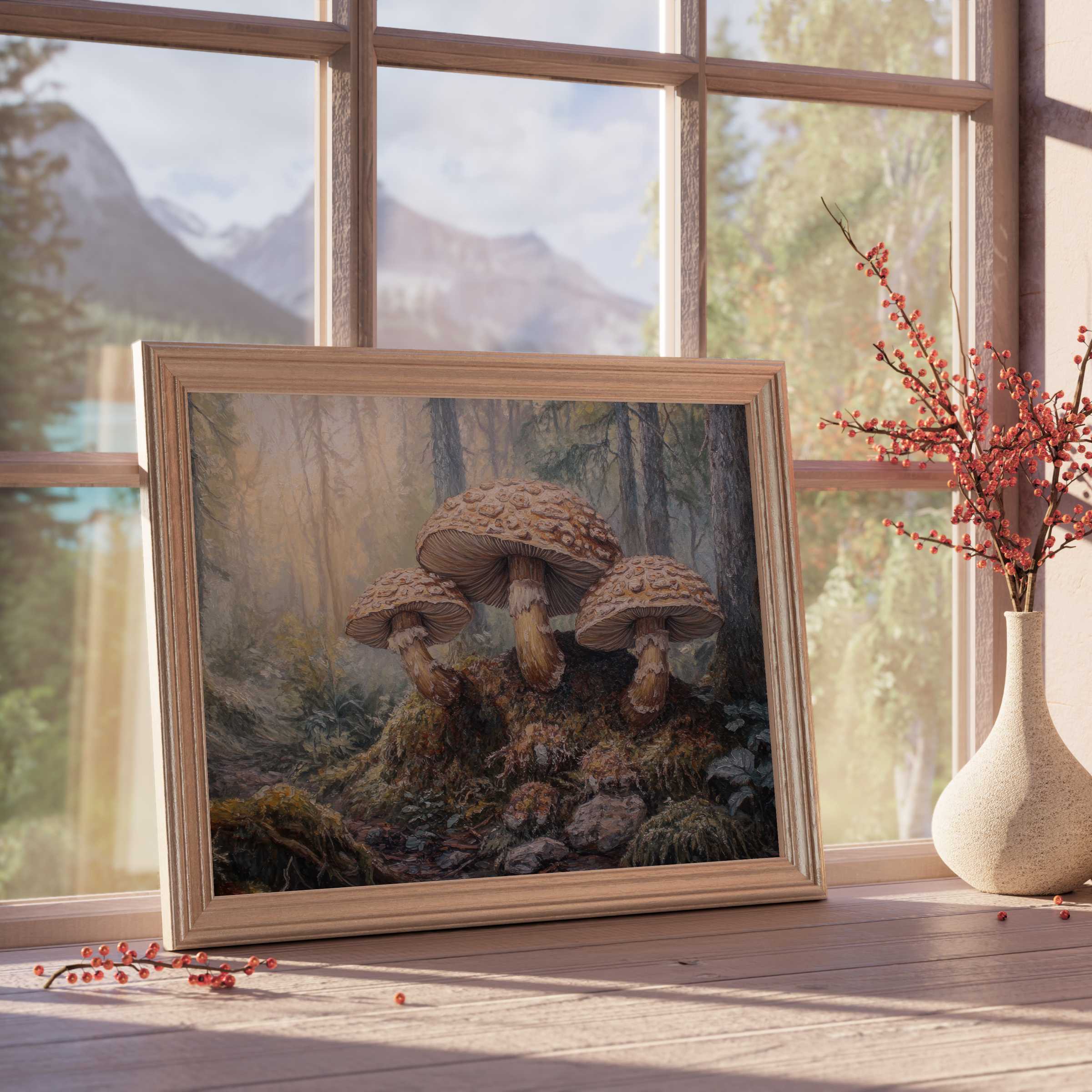 Botanical downloadable art of textured mushrooms in a serene forest scene, enriching refined interiors with warm, earthy calm