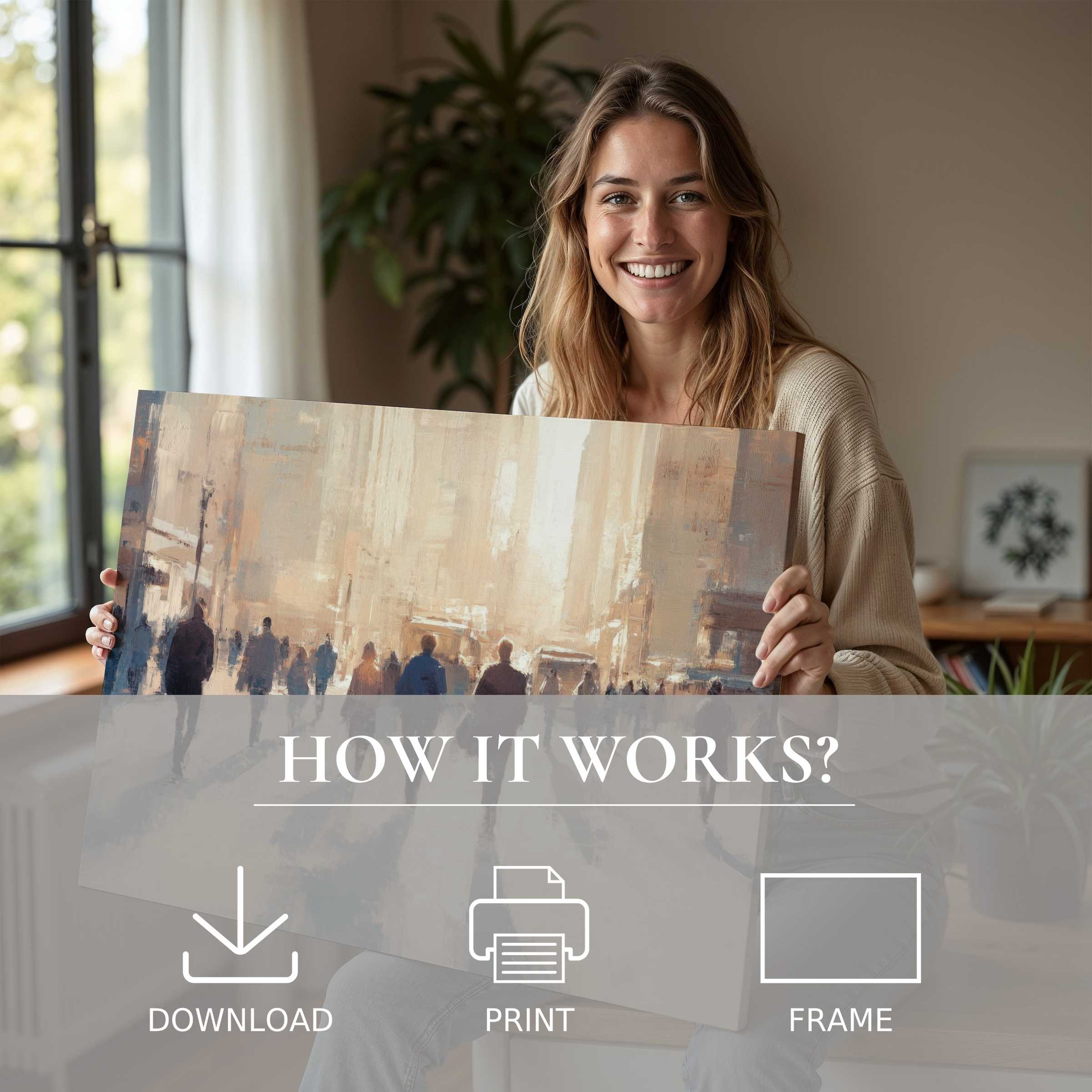 Bright urban digital art print elevates this serene modern home, capturing moments of joy and effortless connection with art