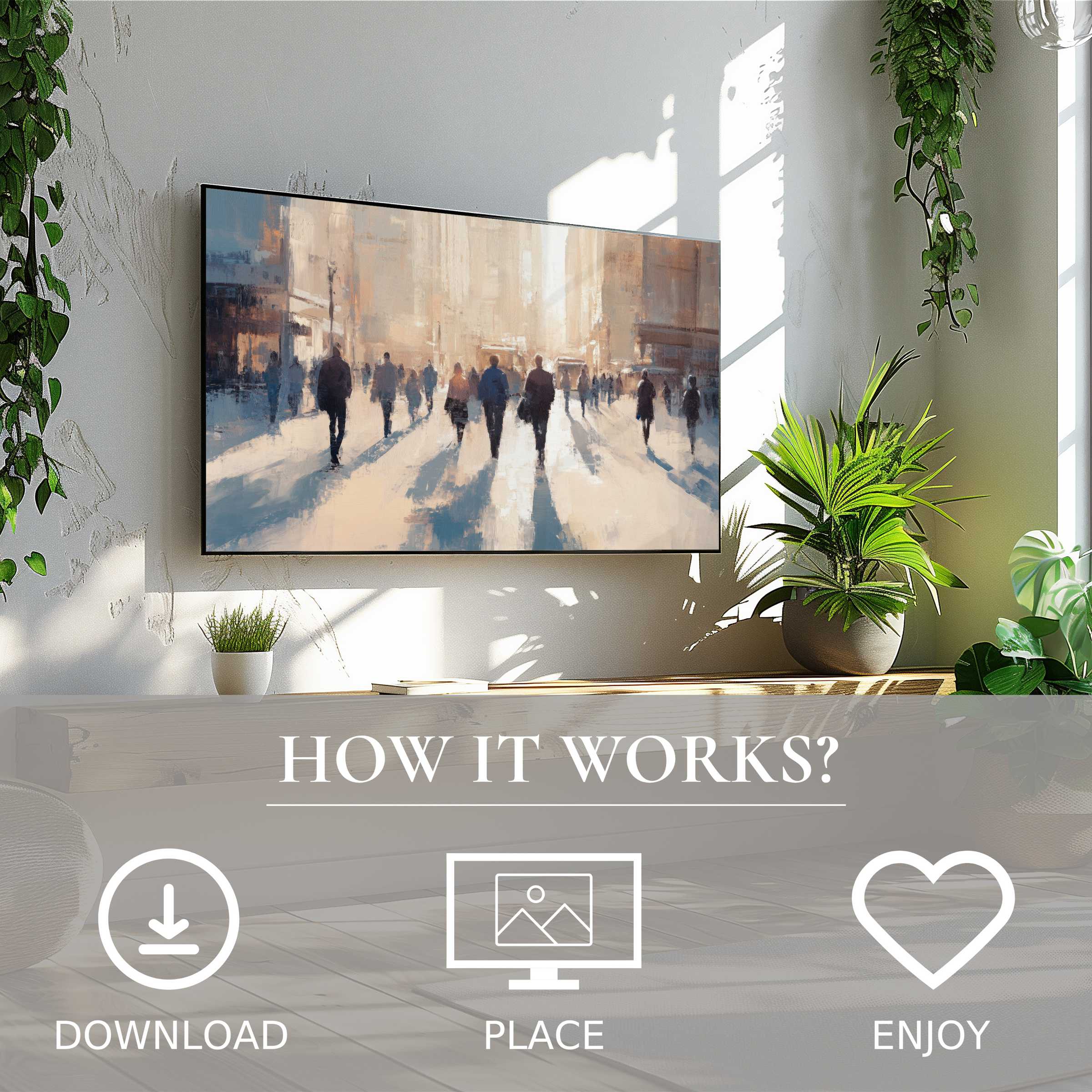 Modern living room with green plants and urban art for Samsung TV; soft cityscape in warm tones, easy digital download